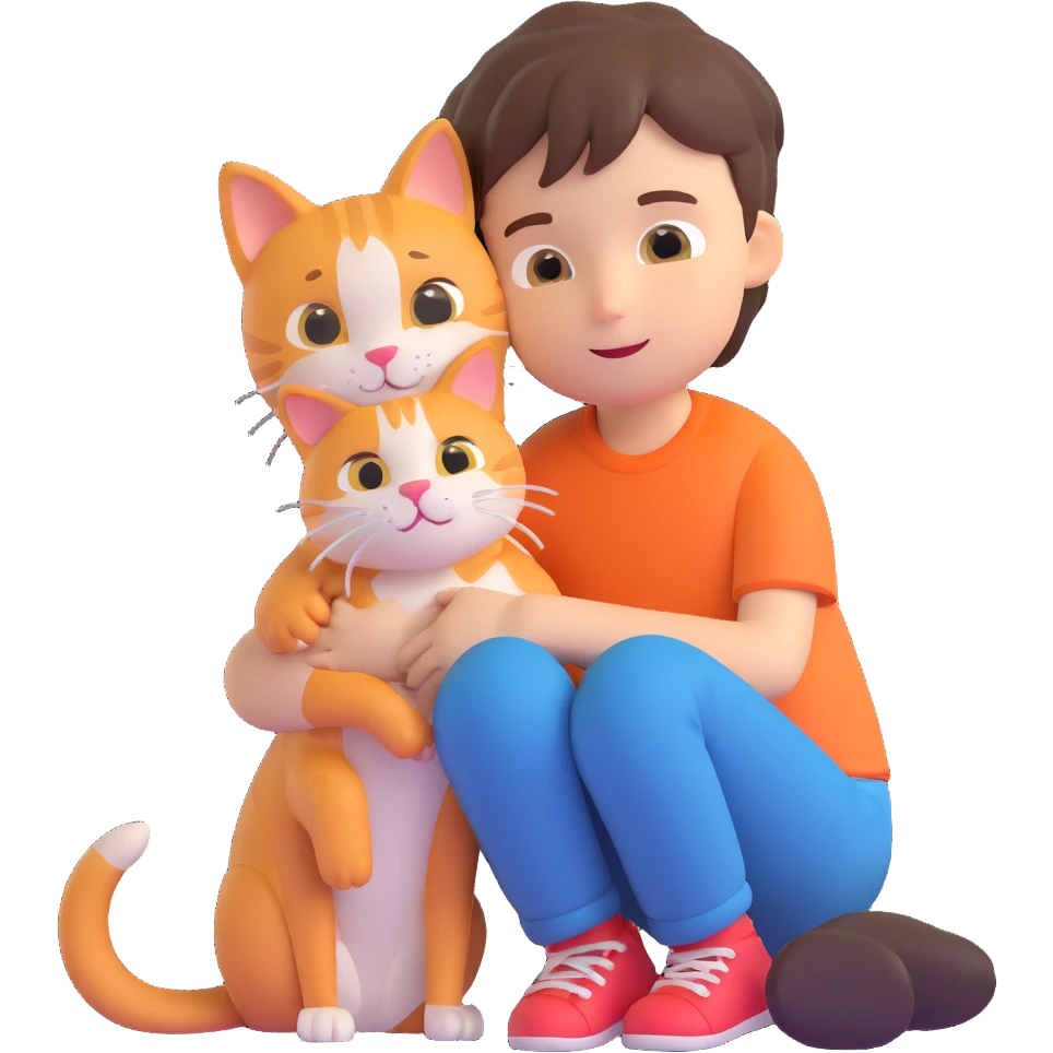 boy and cat pet in forrest background, close up pose emoji