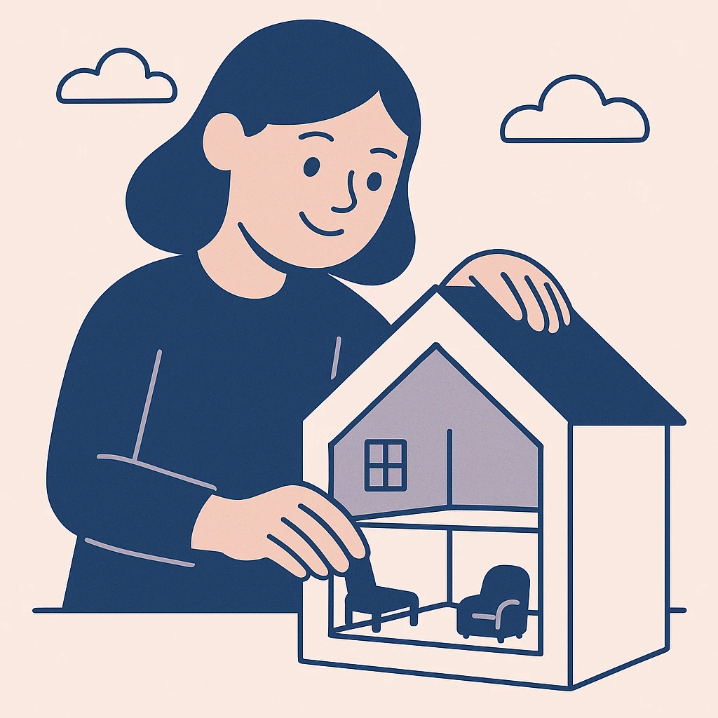 smiling girl arranging furniture in doll house emoji
