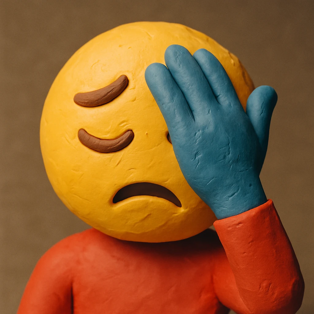 facepalm emoji with dramatic hand slap to forehead, claymation style emoji