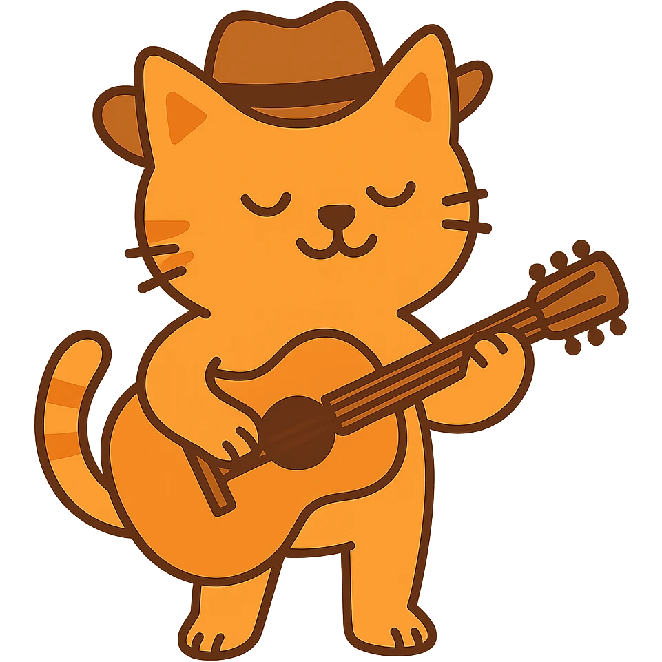 flat toon orange cowboy cat strumming an acoustic guitar  emoji
