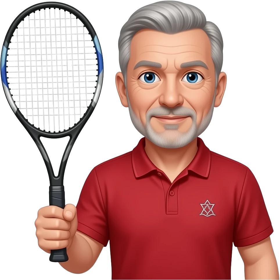 man, 60s aged, thin grey hair, blue eyes, tennis racket in right hand, red polo, small logo emoji