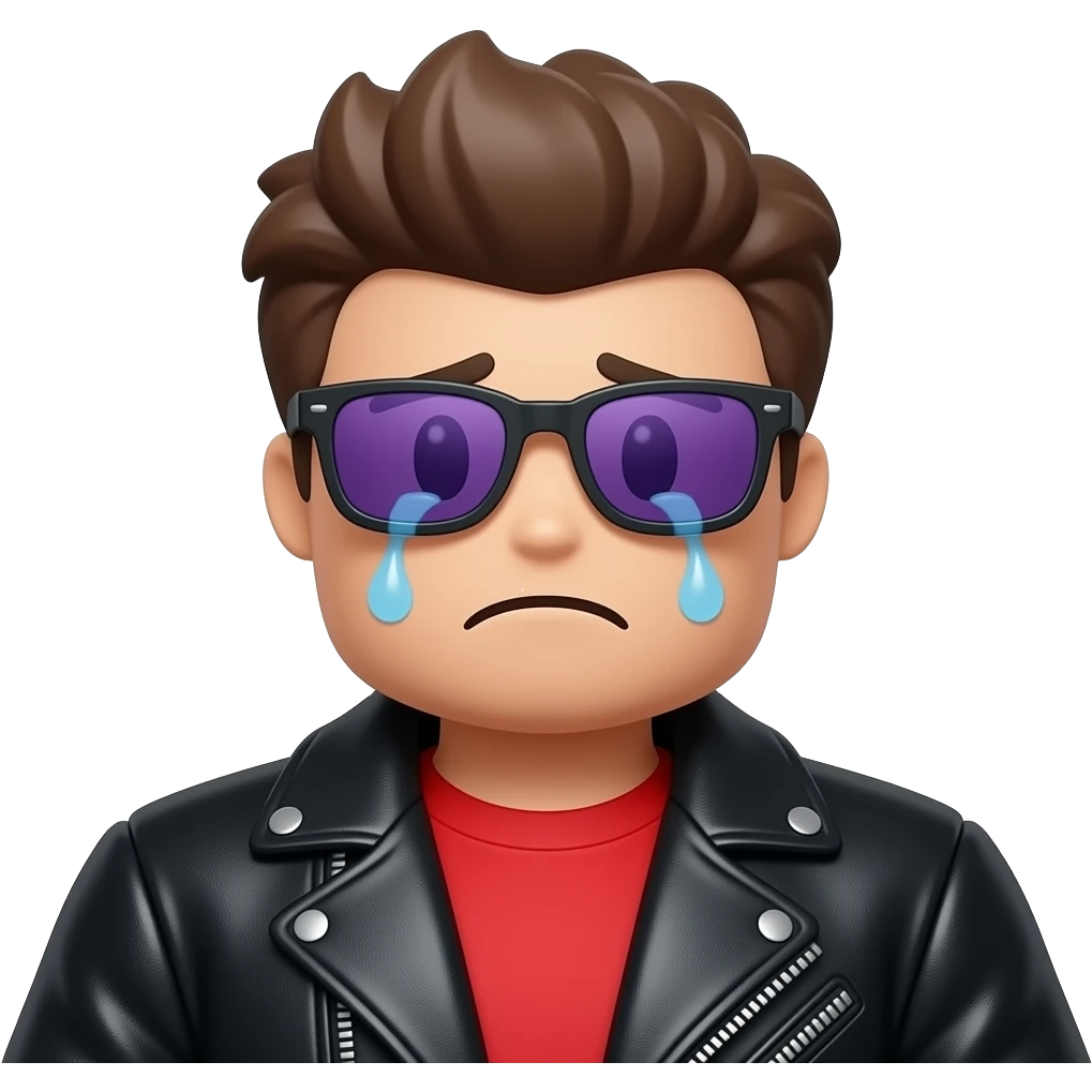 Crying Roblox boy avatar emoji, brown hair, purple sunglasses, black leather jacket, red shirt with... emoji