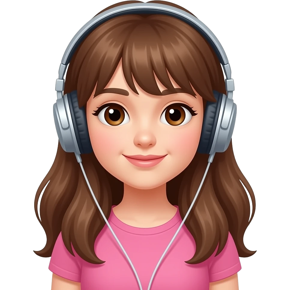 Tinédzer arca legyen a lánynak rózsaszín felső legyen rajta és zenét hallgasson és hosszú barna haja legyen és barna szeme emoji