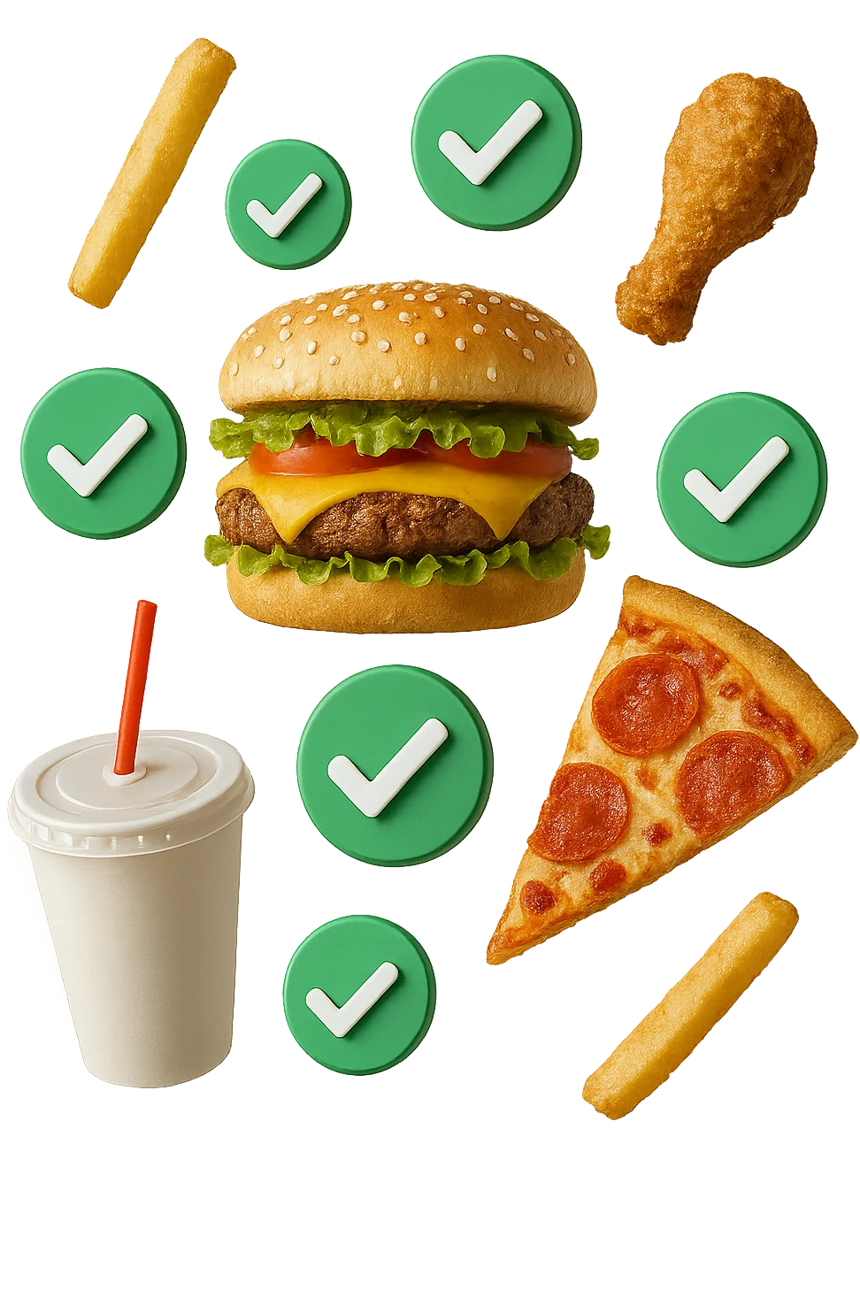 fast food realistico fluttua in aria insieme a spunte di verificato in 3d emoji