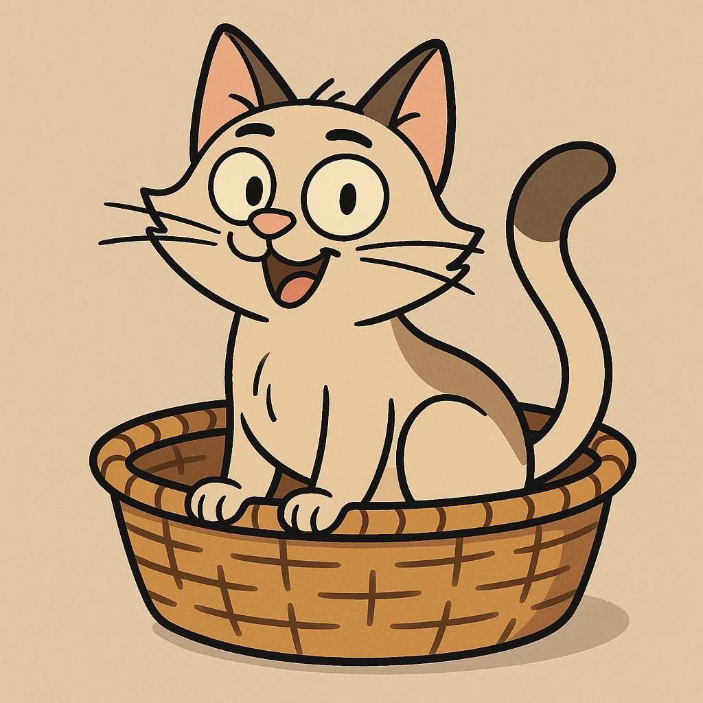 playful cat sitting in a woven basket, cartoon style emoji