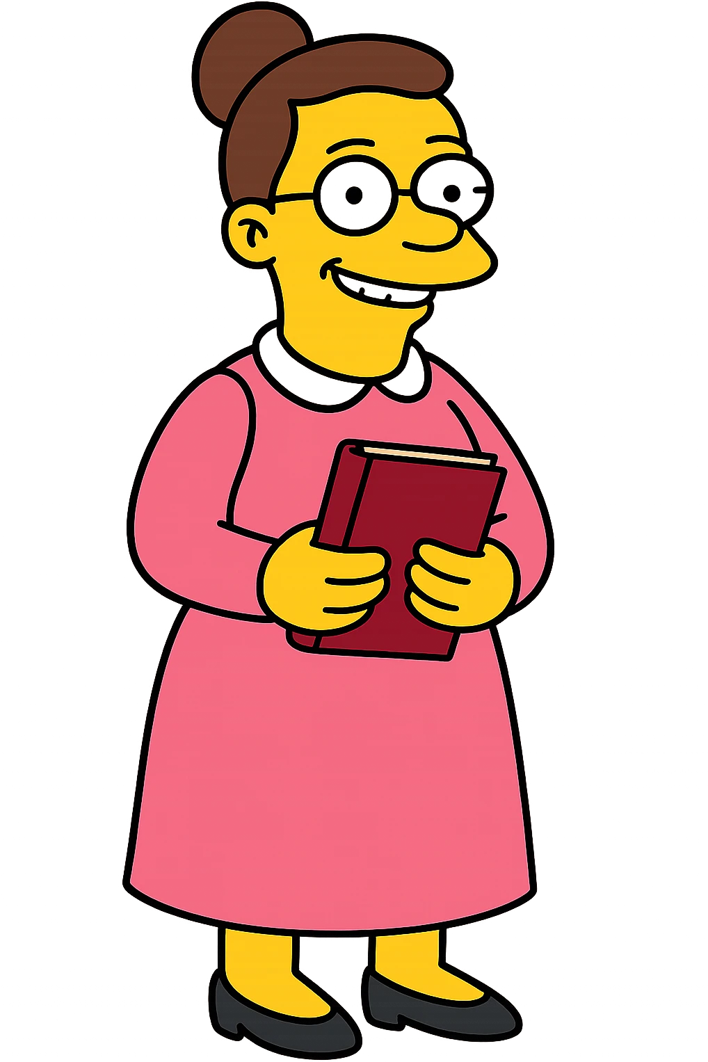 Simpsons-style nanny, yellow skin, pink dress, glasses, holding a book, smiling emoji