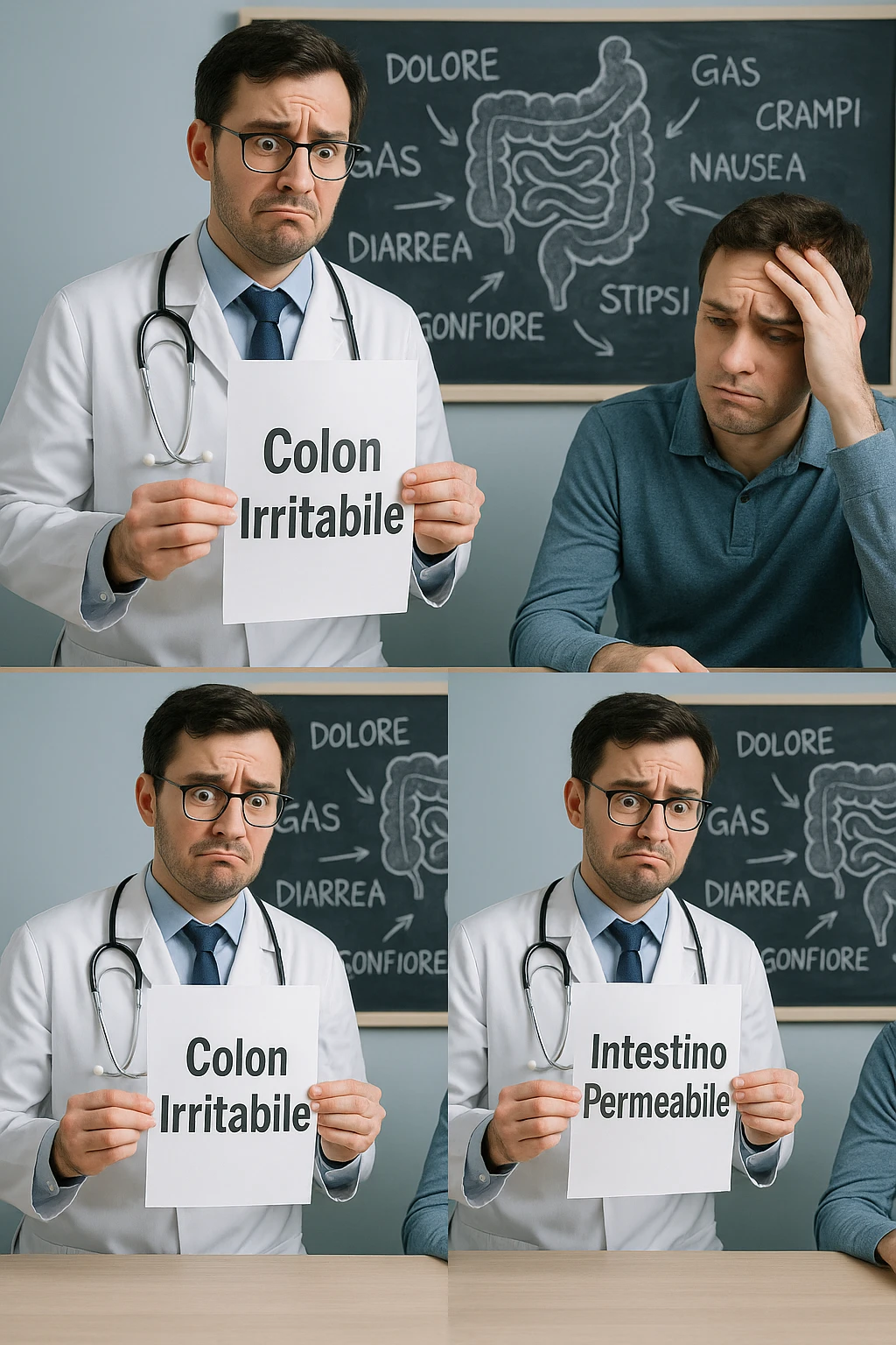 Scena clinica con un medico confuso in camice bianco davanti a un paziente seduto. Il medico ha tre fogli in mano, e li mostra uno alla volta con espressione incerta: il primo dice 'SIBO', il secondo 'Colon Irritabile', il terzo 'Intestino Permeabile'. Il paziente ha un’espressione confusa e scoraggiata, con una mano sulla fronte. Sullo sfondo una lavagna caotica con disegni di intestino e sintomi ovunque. Stile realistico con tocchi ironici, toni freddi da ambulatorio ma con un messaggio visivo forte di incertezza diagnostica. in italiano emoji