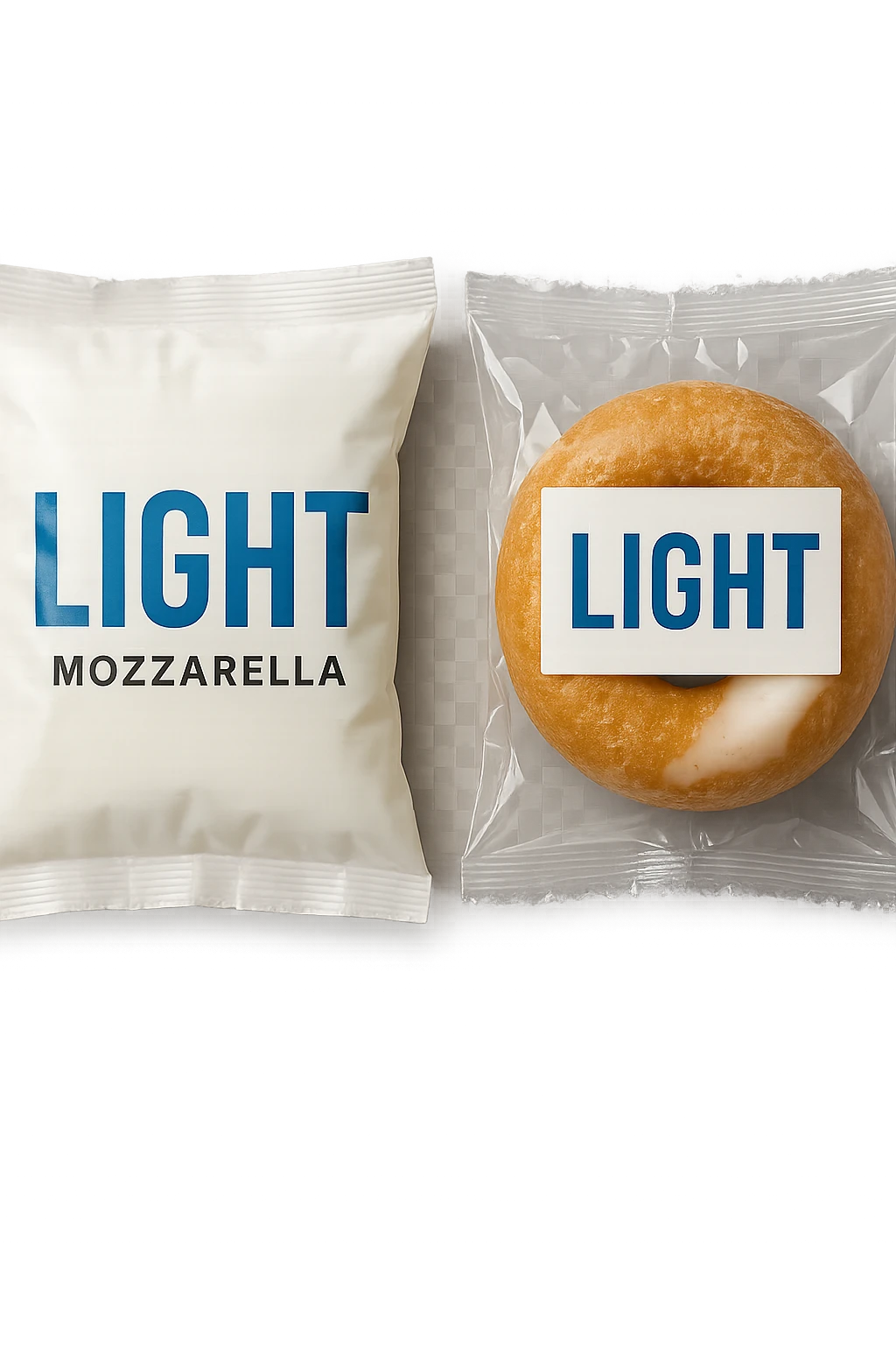 PACCHTTO DI MOZZARELLA LIGHT CON LA SCRITTA "LIGHT" SULLA CONFEZIONE, ACCANTO AD UN DONUT CONFEZIONATO CON LA SCRITTA "LIGHT" SULL'ETICHETTA,  iperrealistico 4k emoji