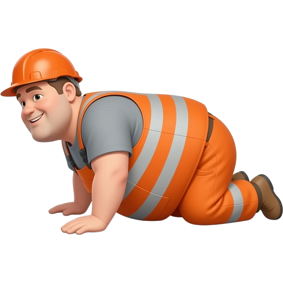 fat MAN IN ORANGE HIVIS OVERALLS, no helmet, not smiling, laying face down on floor, side view emoji