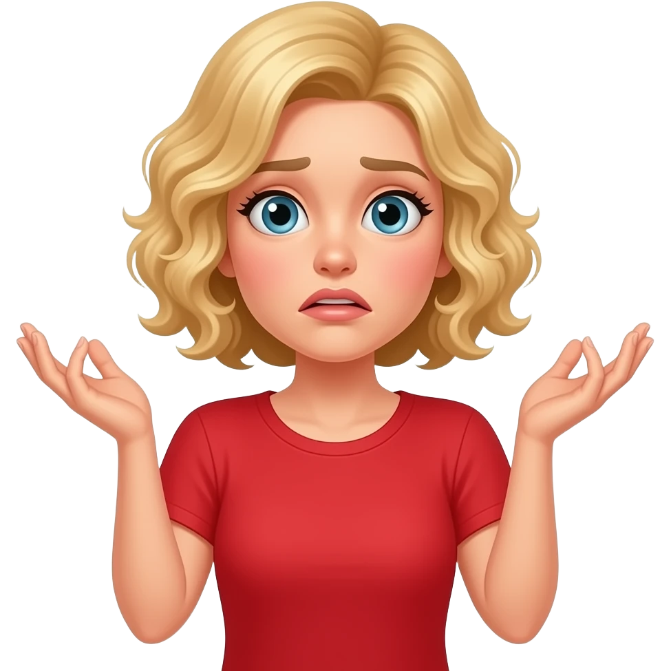 blonde curly bob  shrugging shoulders with both hands I don't know looking confusedin \red shirt emoji