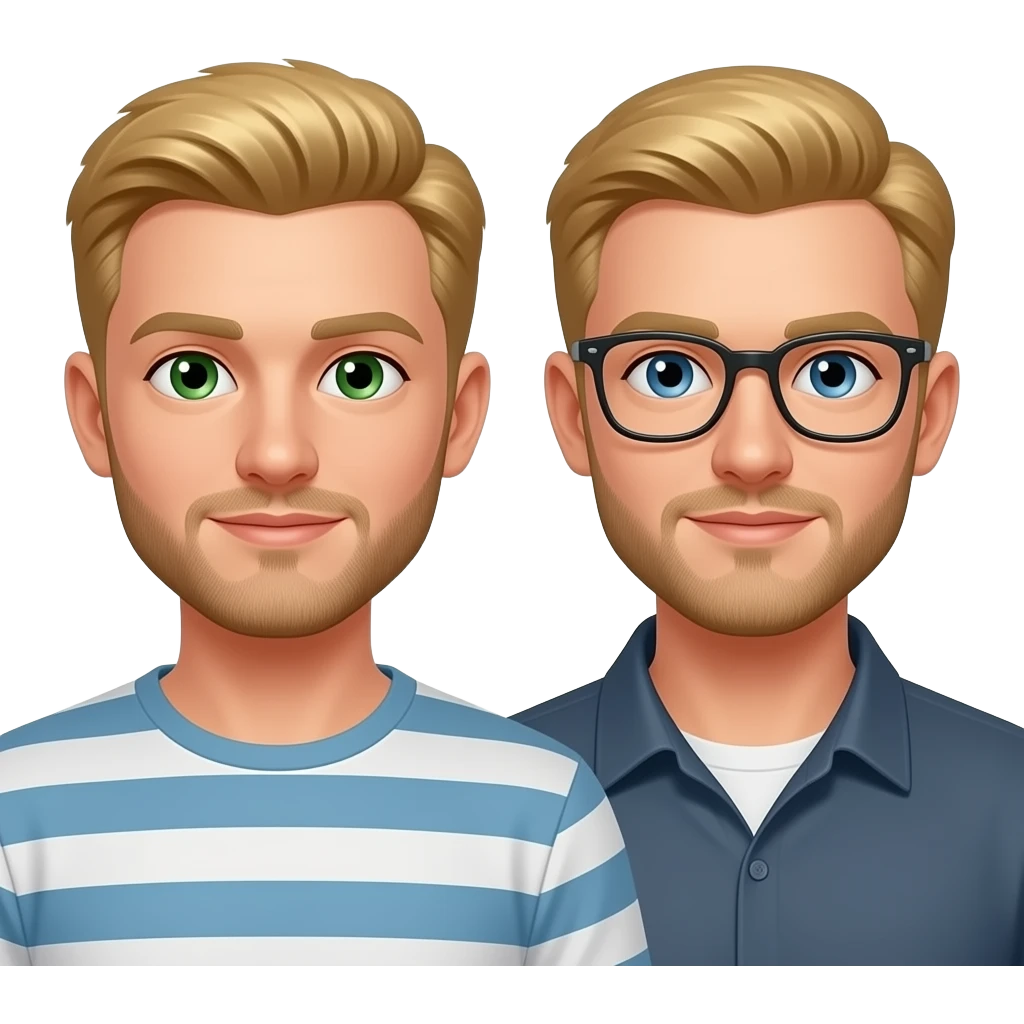 "strawberry-blond" colored hair, short and tapered on the sides cut hair, male, green eyes, short beard, and a blonde male, short beard, glasses. Standing like a couple emoji