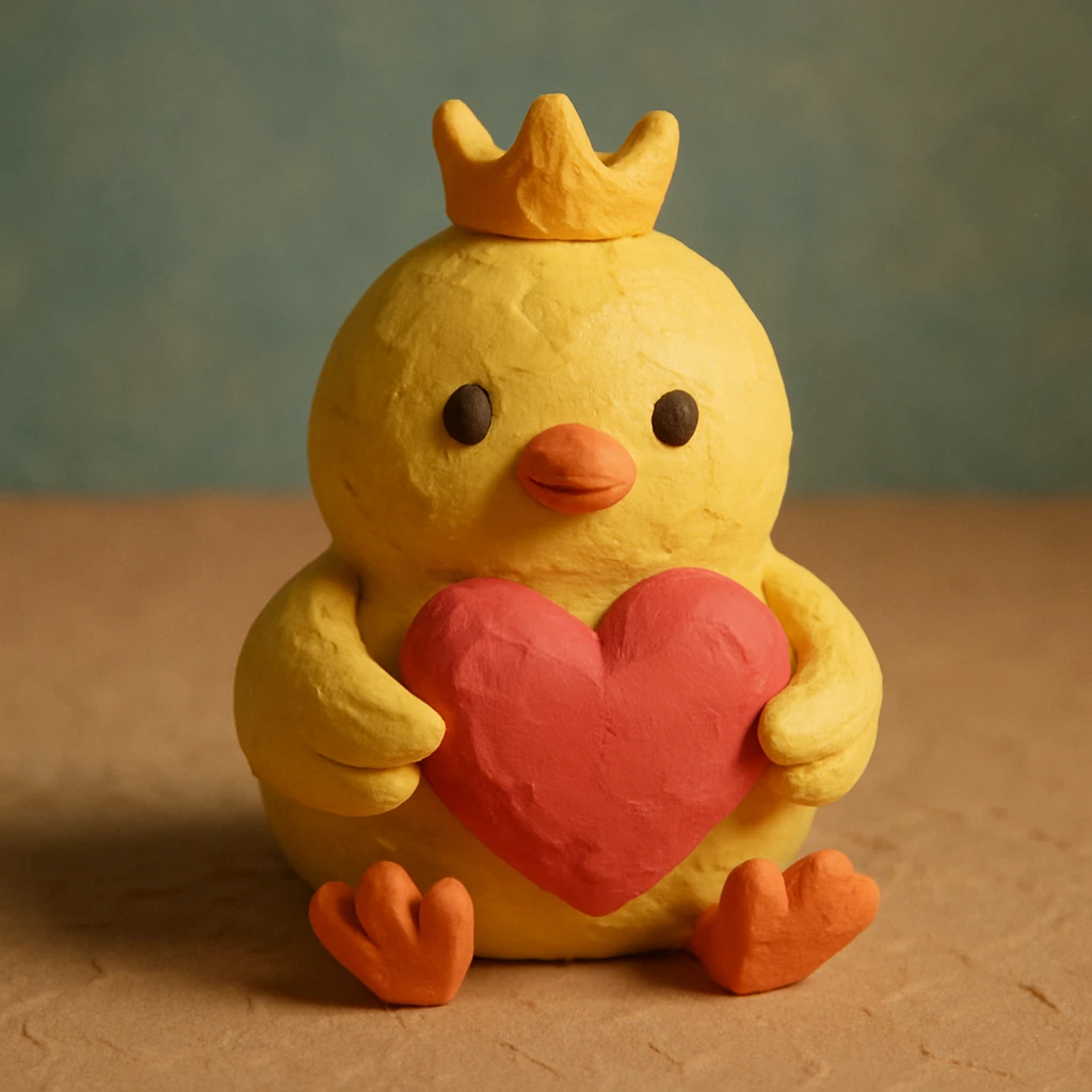 A baby chick holding a heart, claymation style, with a tiny crown emoji