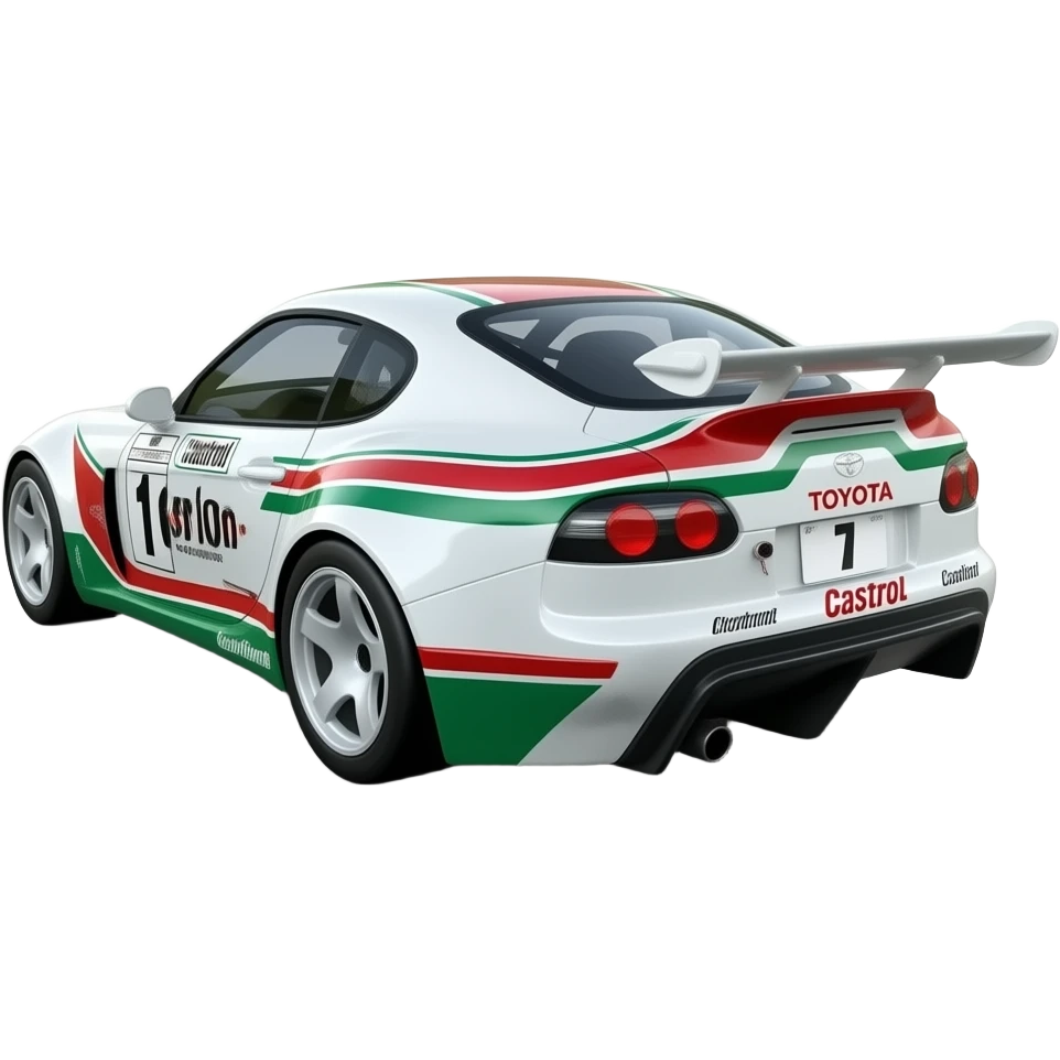 Toyota supra race car, toms supra, castrol, White, red, green, replica of original race livery ,side rear view chase angle emoji