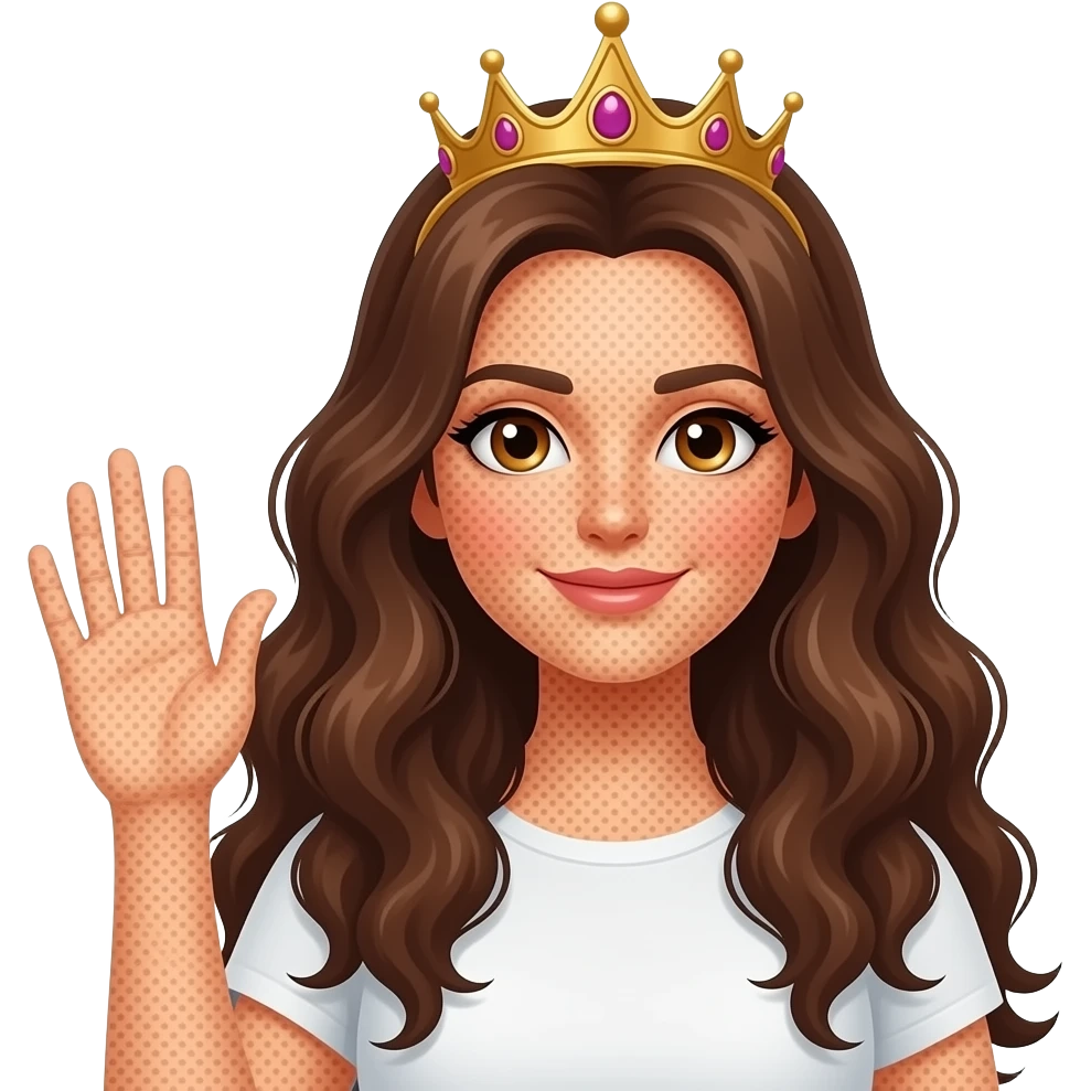 A woman with skin that was half white and half brown, long, curly brown hair, hazel eyes, and a crown on her head, with her hand raised as if to signal her presence. emoji