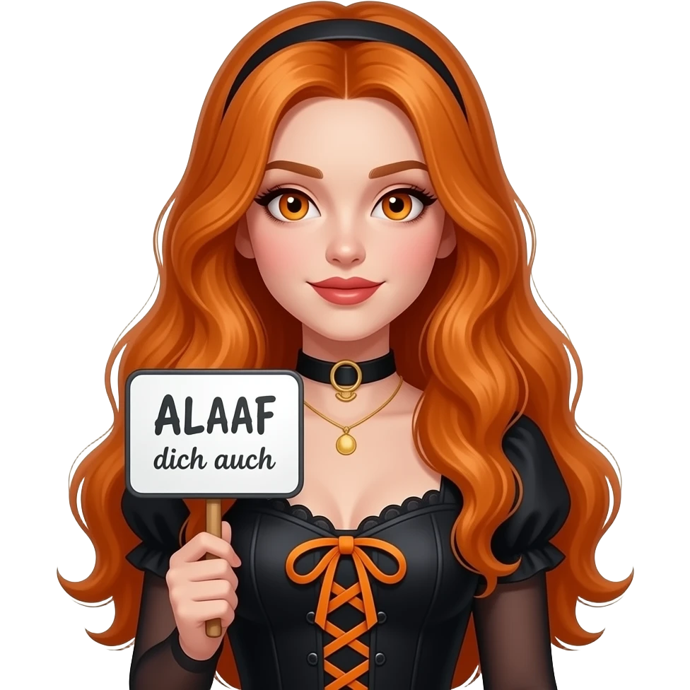 sexy girl with overlong ginger hair and ginger eyes wearing a halloween dress holding a ALAAF dich auch sign emoji