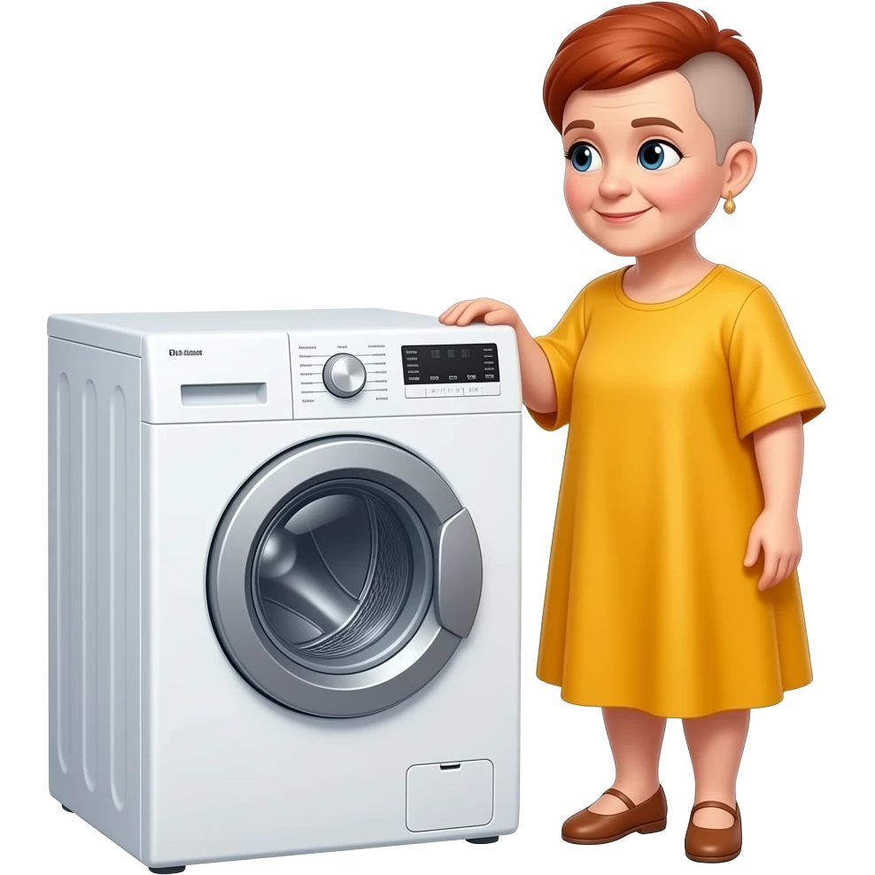 elderly small woman.razor cut very short red hair.wearing bright loose fitting dress in love with her new washing machine emoji