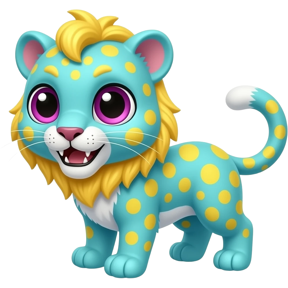 Adorable Cyan Four-legged digitigrade Panther with big adorable eyes, yellow spots, yellow mane, and magenta eyes, and snagletooth emoji
