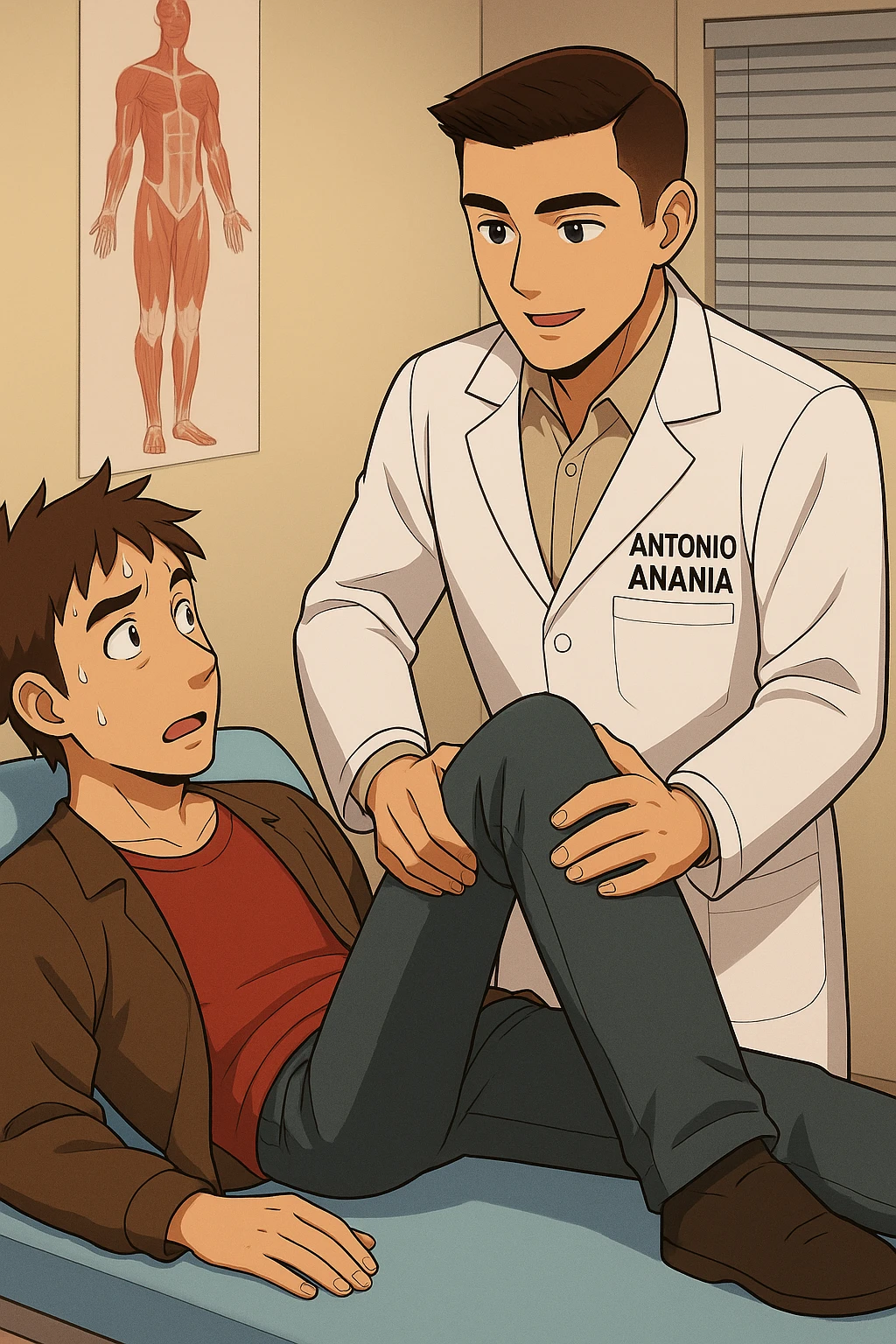 fai un webtoon manga a colori con questo stile, in cui un uomo è steso sul lettino medico e il kinesiologo con il camice bianco (fagli anche la scritta "ANTONIO ANANIA" SUL CAMICE, gli solleva una gamba per fargli il test neuromuscolare, IL KINESIOLOGO SPIEGA ALL'UOMO UNA cosa mentre gli alza la gamba. non fare i fumetti però, fai solo in modo che sembri stiano parlando, il lettino fai in modo che si veda tutto intero emoji