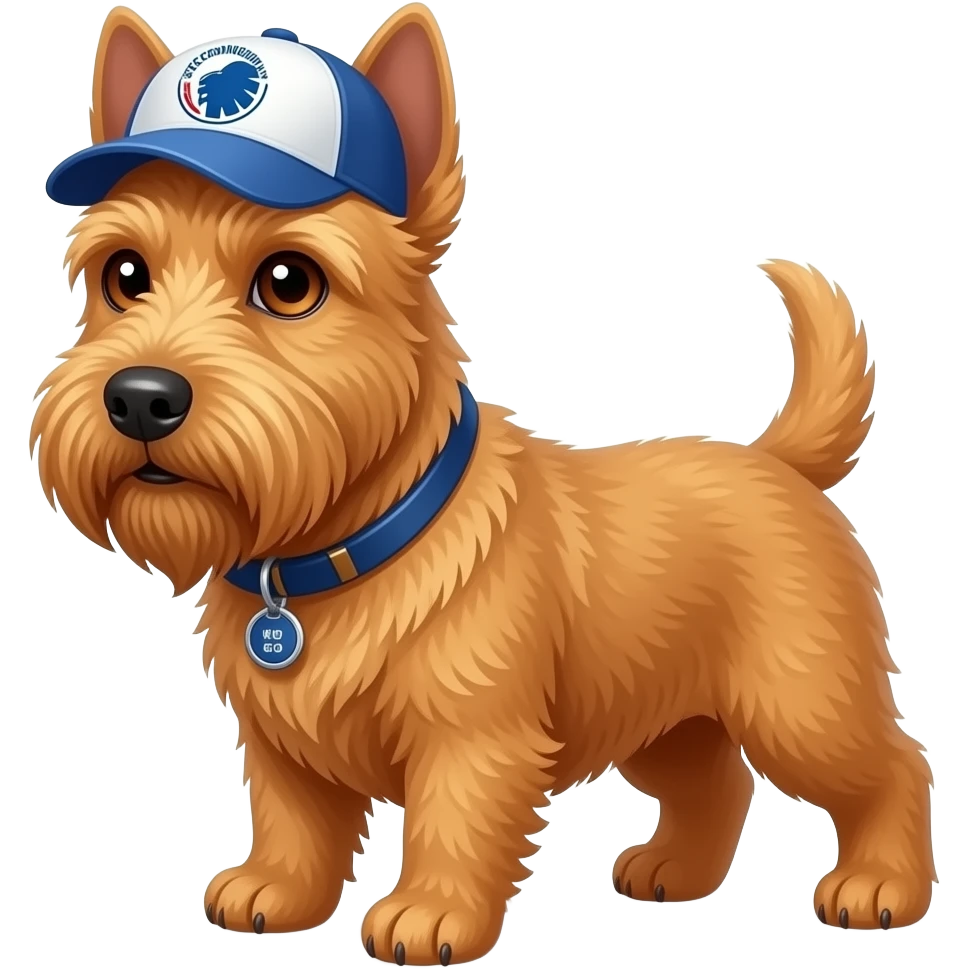 cain terrier dog in orange with brown eyes with a fc Copenhagen cap on, his name is Hugo. make him look like that emoji