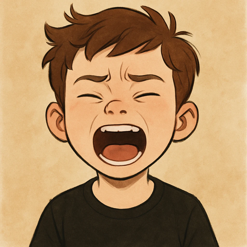 front image of a white boy with brown hair, semi-closed eyes, wide open mouth, black shirt, digital illustration, focus on emotion emoji