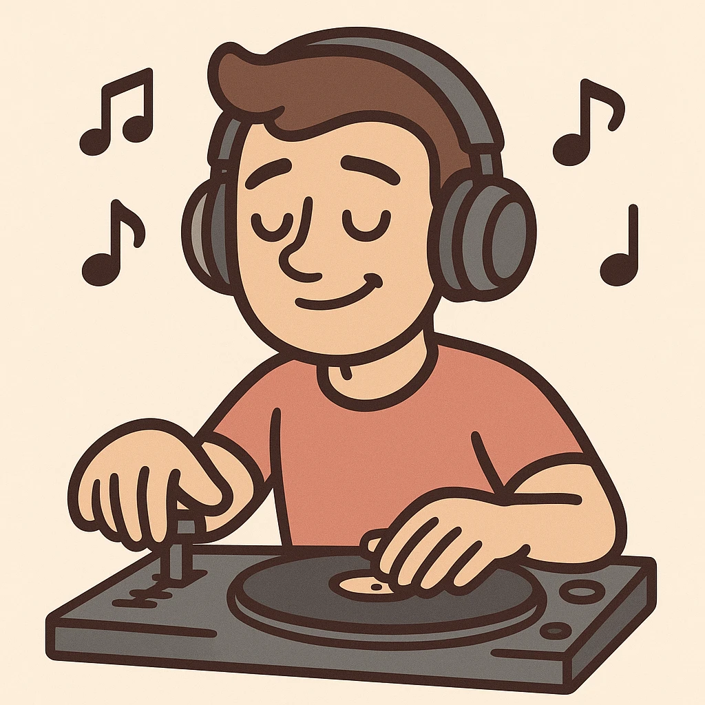DJ icon, modern flat design, headphones, music notes, clean lines emoji