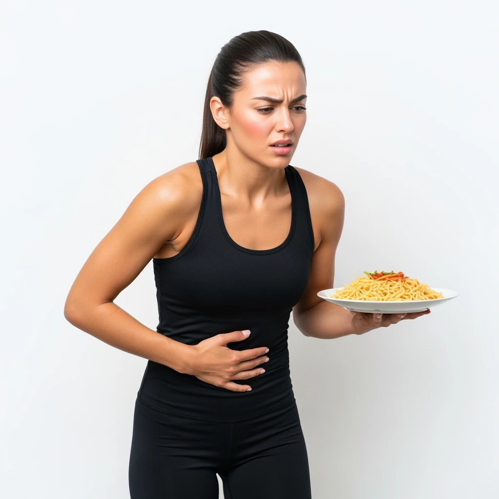 DONNA FITNESS CON PIATTO DI PASTA IN MANO E MAL DI PANCIA, FA FATICA A DIGERIRE, ISOLATA SU SFONDO BIANCO emoji