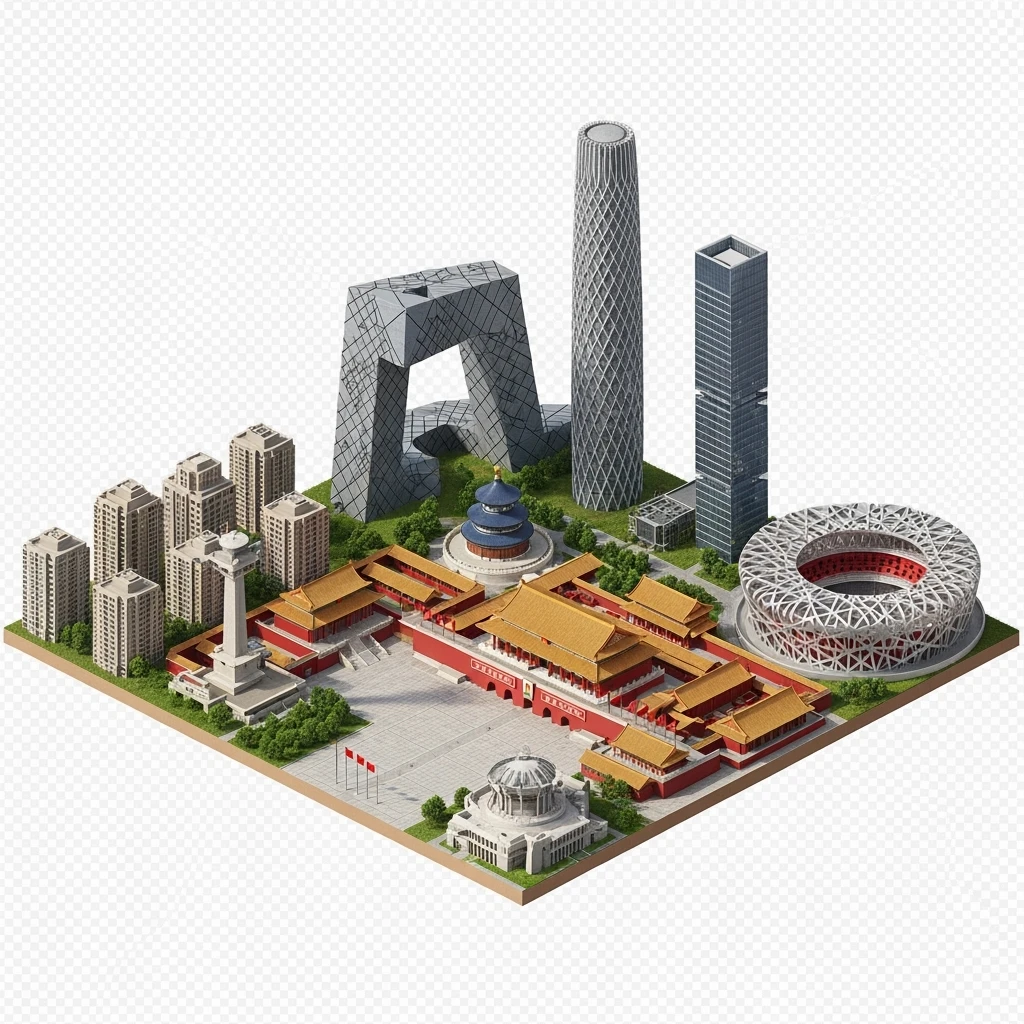 Isometric miniature of Beijing Forbidden City, Tiananmen Square, CCTV Headquarters, Temple of Heaven, China Zun skyscraper, Bird’s Nest Stadium, Beijing apartment blocks, 3D miniature effect and Tilt Shift effect, no cartoonish look, transparent background, don't cut angles emoji