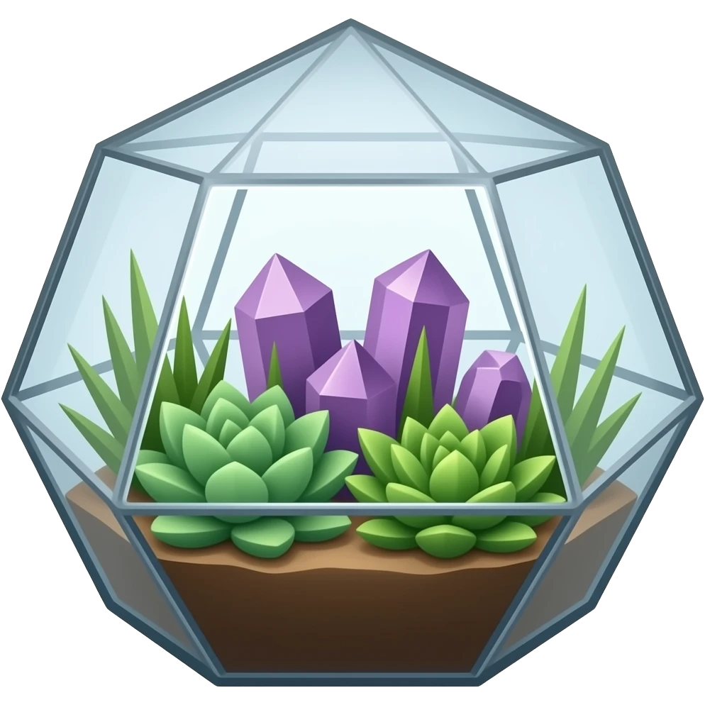 succulent geometrical terrarium with amethyst cluster inside emoji