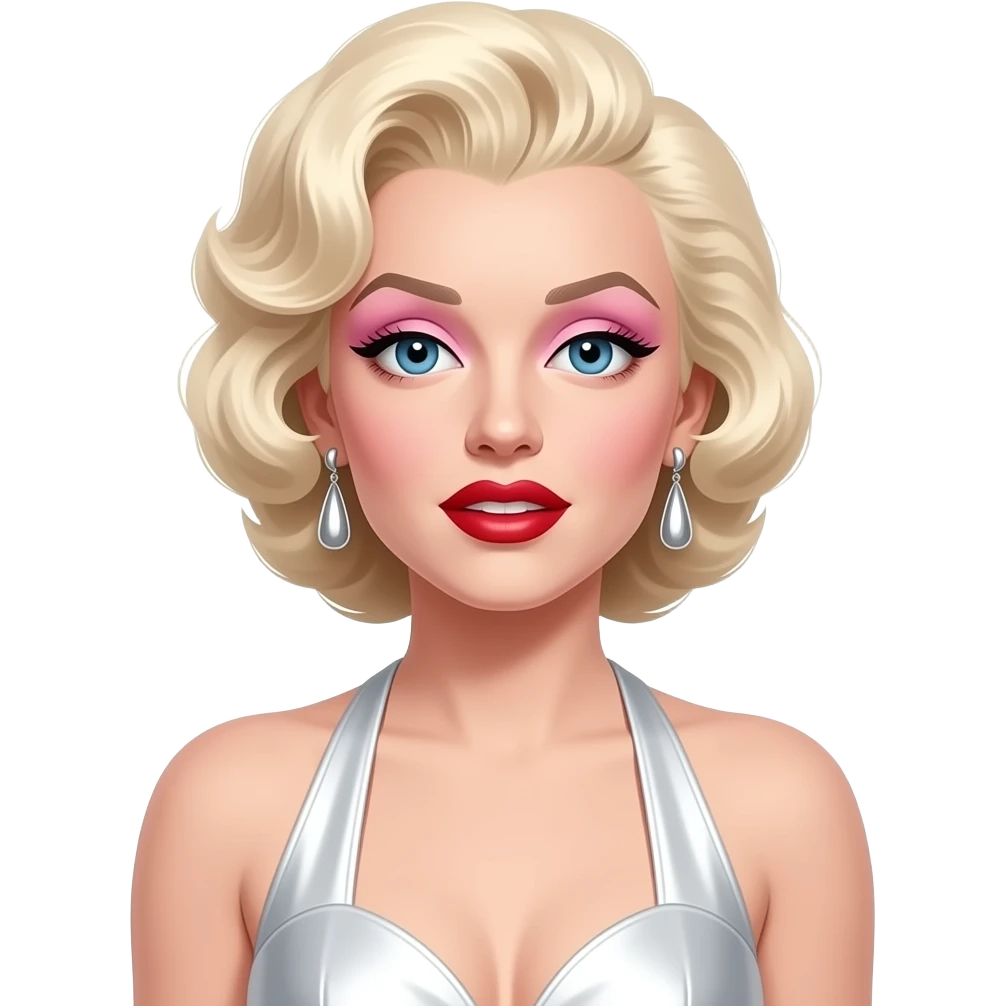 Marilyn Monroe with blue eyes, platinum blonde hair, pink eyeshadow, red lipstick, white metallic halter dress, silver earrings emoji