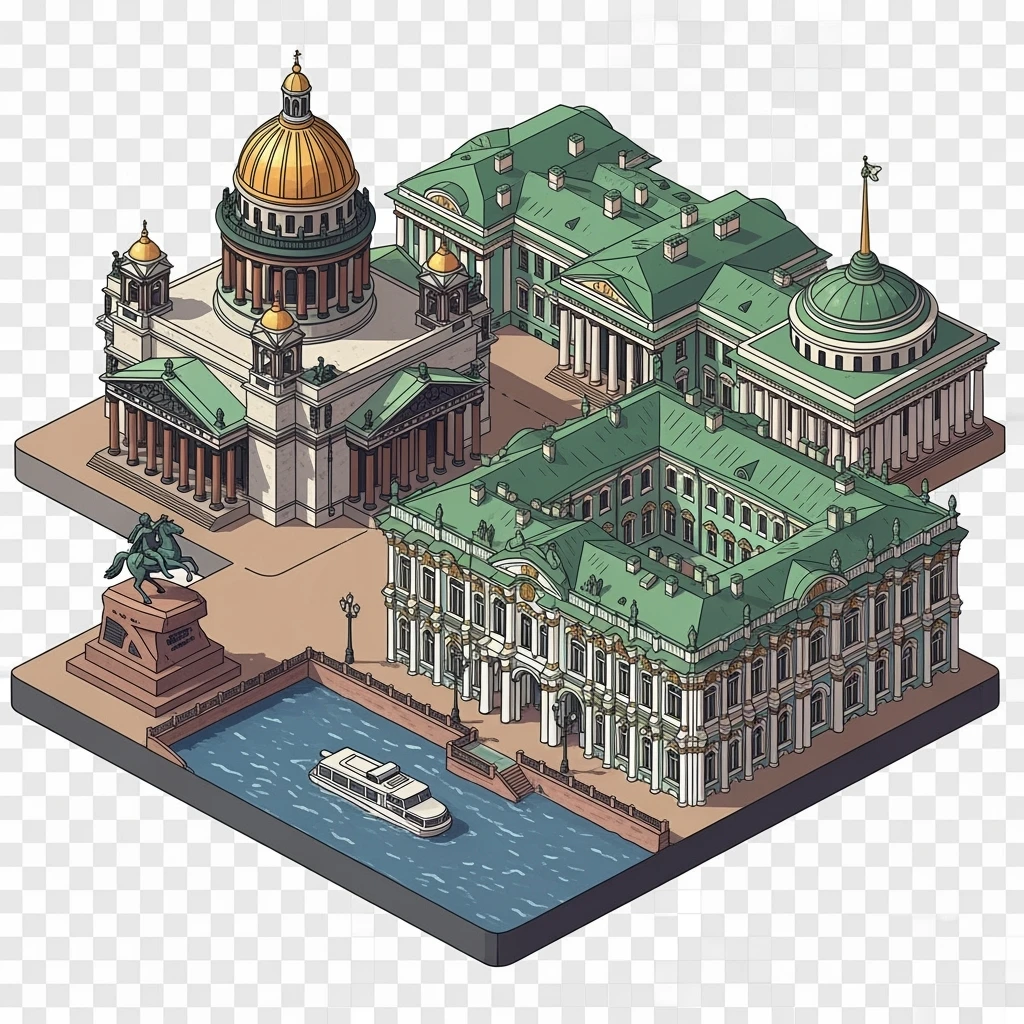 Isometric photorealistic illustration of Saint Petersburg - Saint Isaac’s Cathedral, the Winter Palace, and the Bronze Horseman statue. Miniature, slightly hand-drawn style, balanced between stylized and realistic, transparent background. emoji