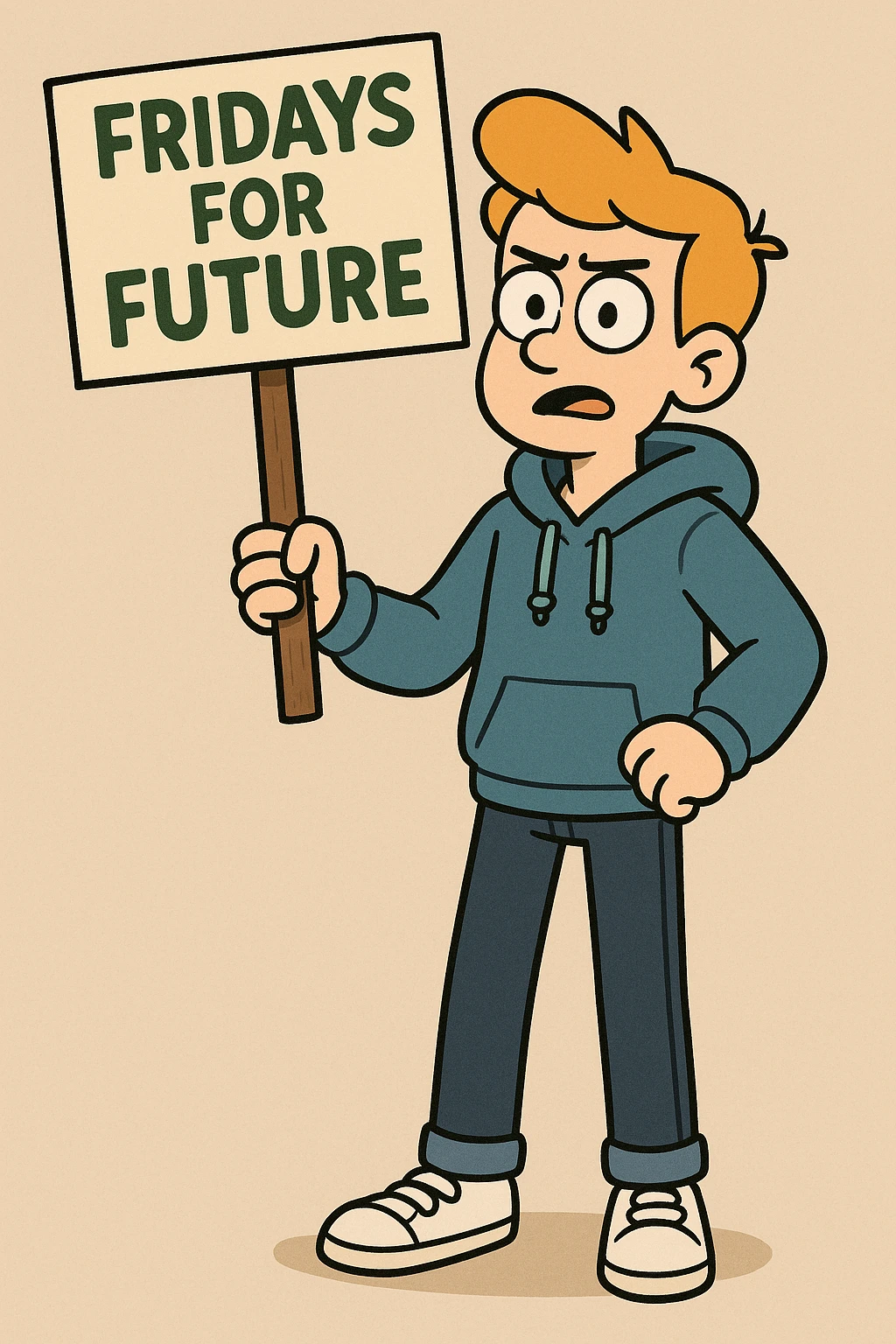  Fridays for Future a boy Yellow Orange hair blue jackets hoodie dark blue jeans white shoe  emoji