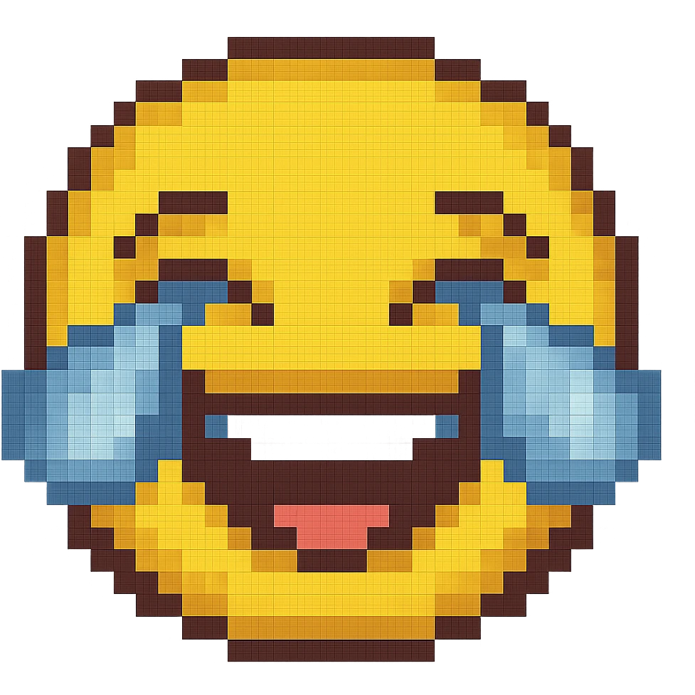 Create a cry-laughing emoji with large blue tears streaming from the eyes in pixel art style. The emoji should have no background and keep the original pixel art style look. emoji