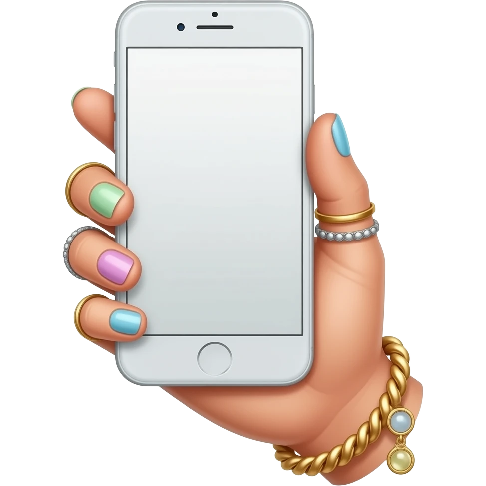 cute girls hand with pastel nails, rings, and accessories. holding iphone with screen upwards emoji