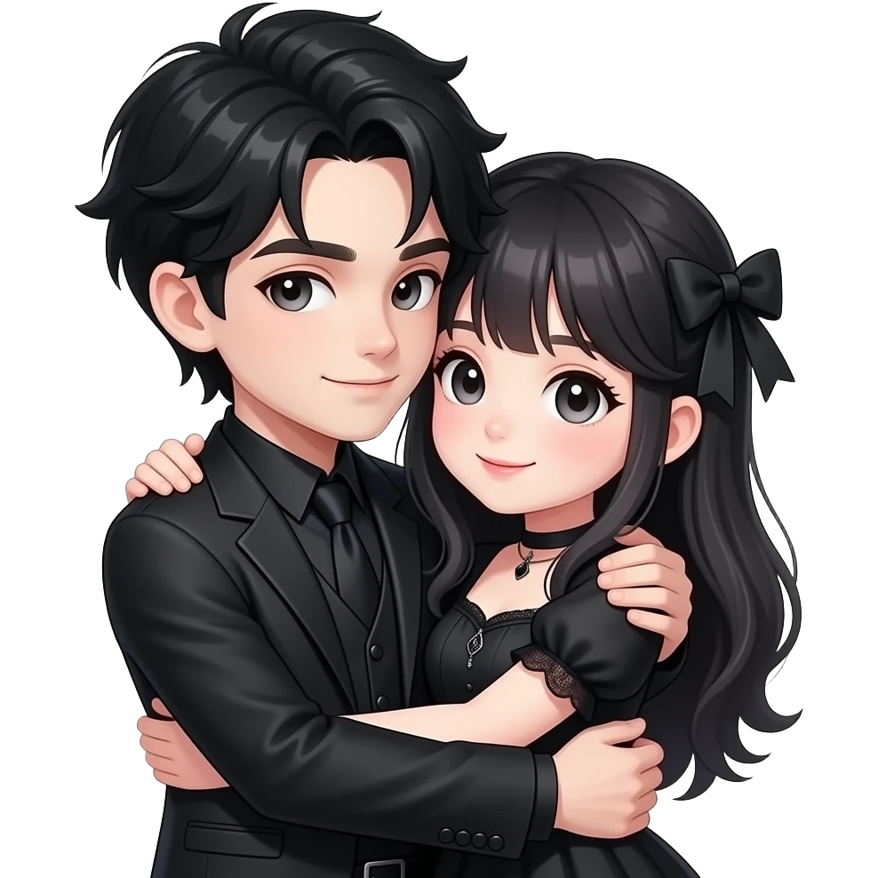 Cute gothic guy and girl hugging and holding each other affectionately facing eachother. Theur head kaying on eachothers shoulders emoji