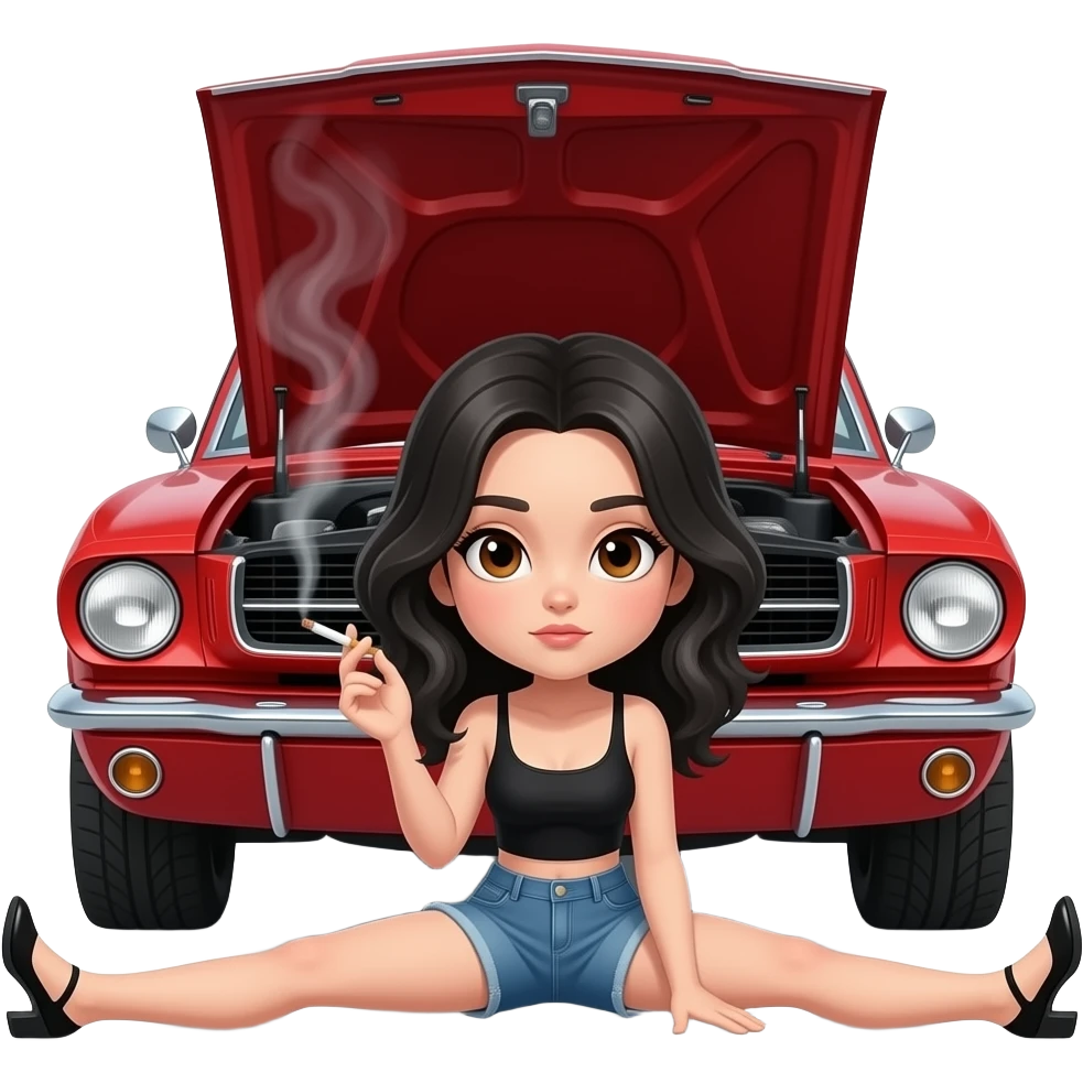 Pale girl with wavy jet black hair and brown eyes in front of the open hood of a red ford mustang 1968 coupe. Girl wearing a tiny string. Legs wide spread and smoking a cigarette. emoji