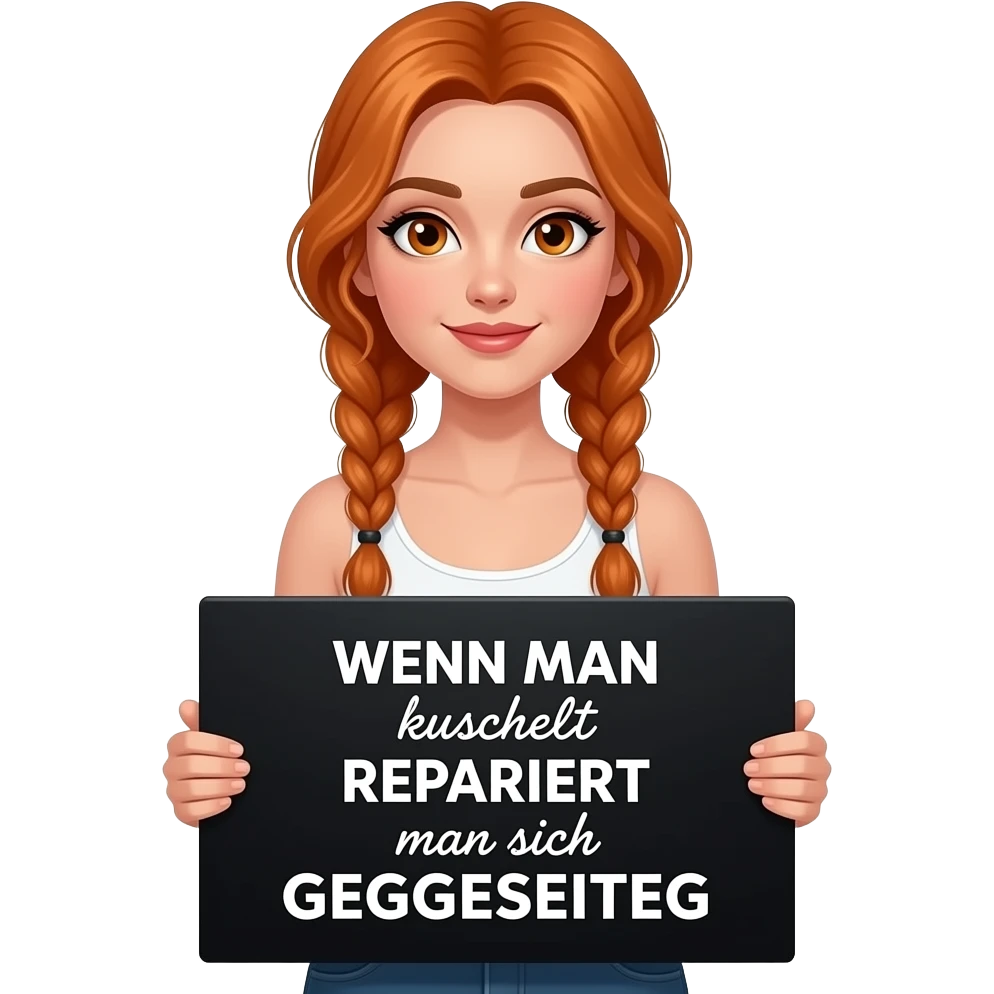 sexy girl with long ginger braids and ginger eyes wearing a white tanktop is holding a big black sign with WENN MAN kuschelt REPARIERT man sich GEGENSEITIG written on it emoji