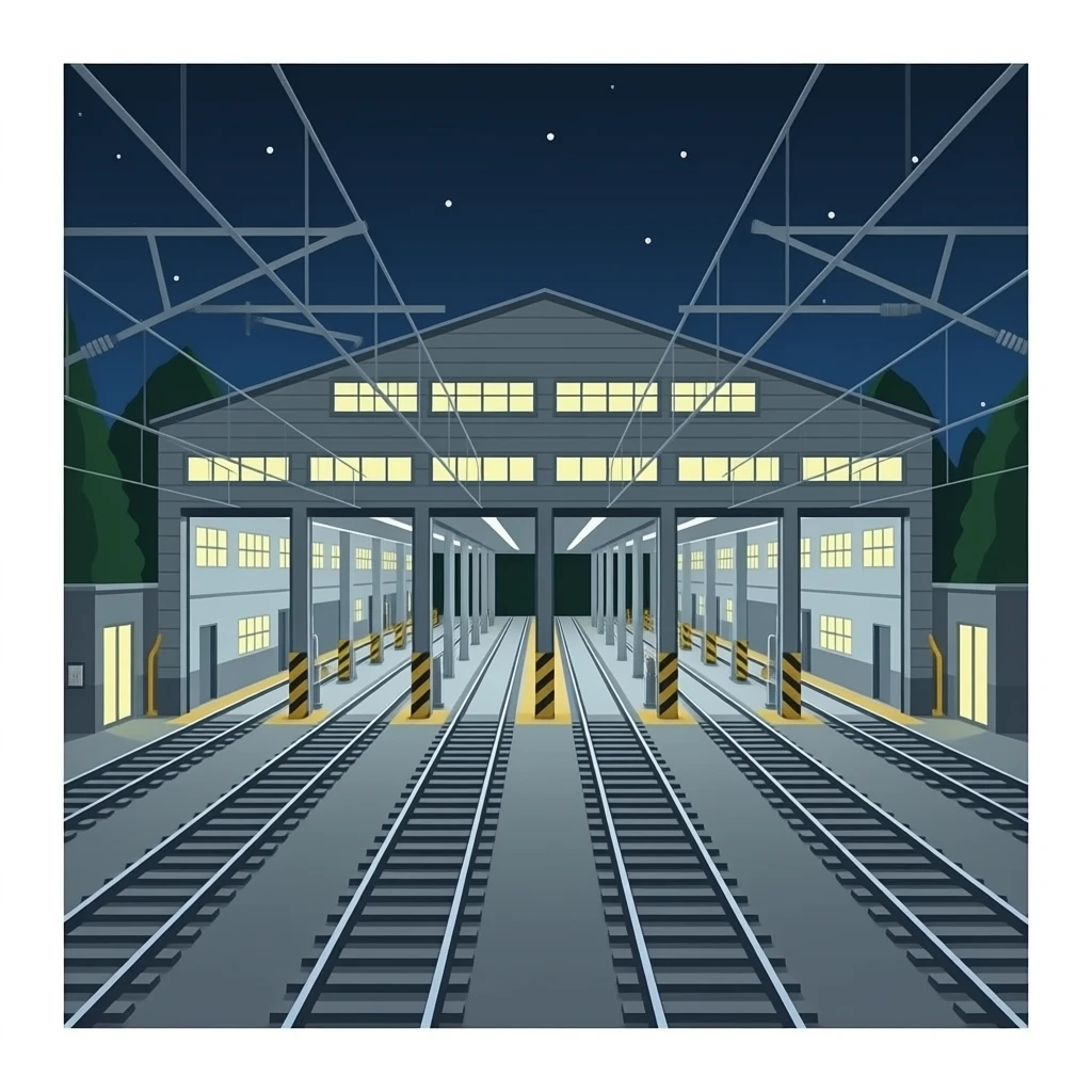 inside a train maintence depot, multiple tracks no trains emoji