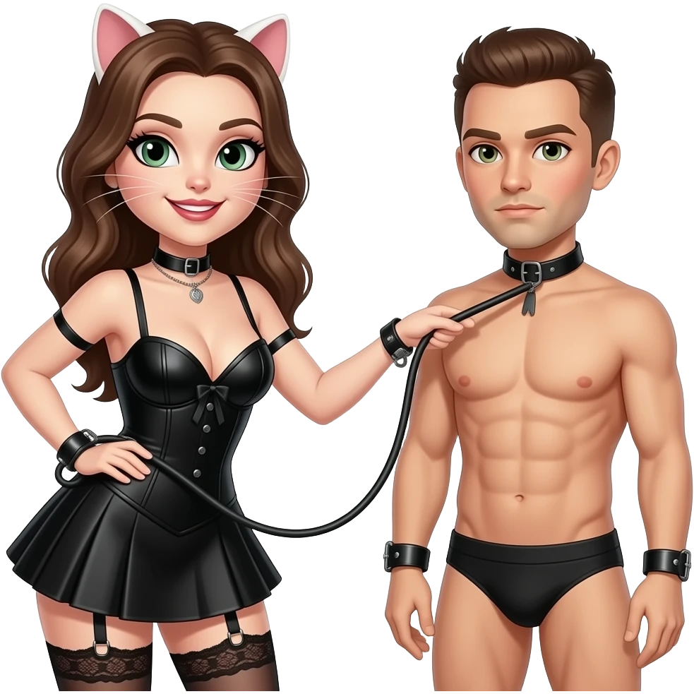 White cat brunette dominatrix whipping a White slave in chastity emoji