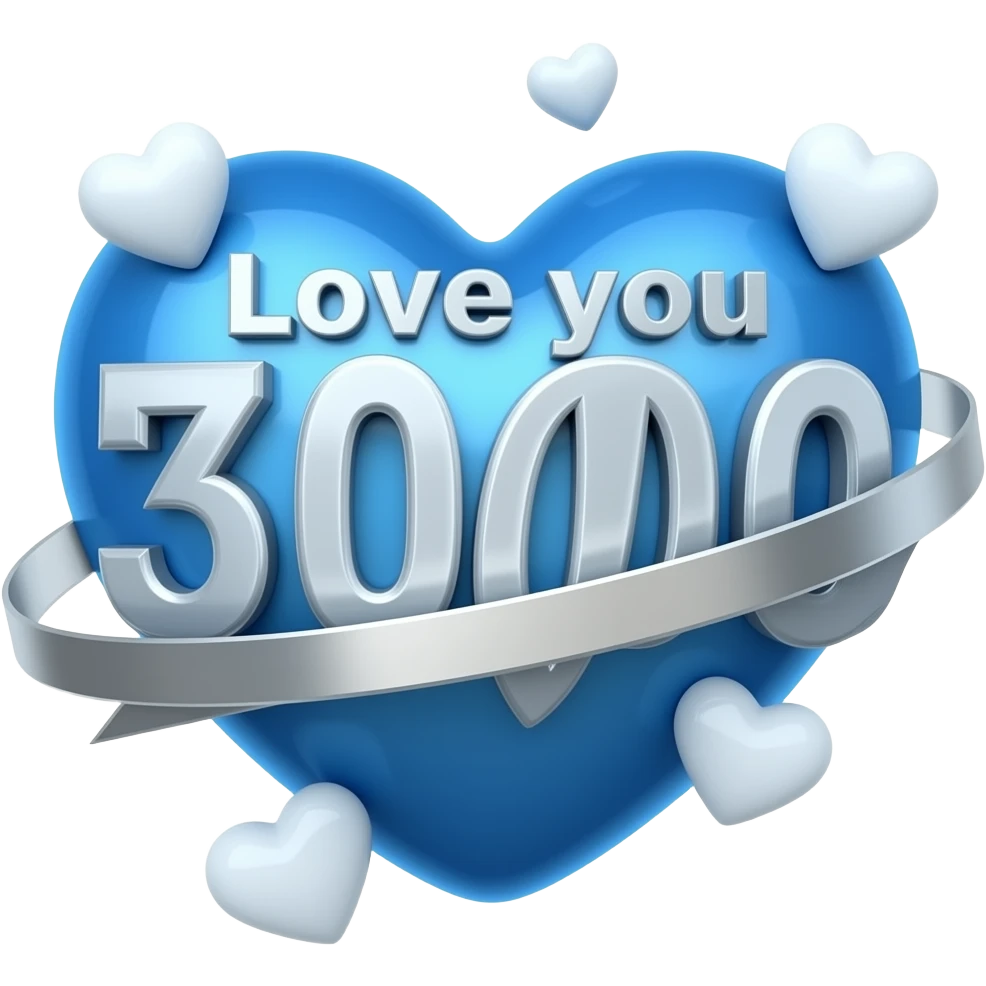 Tony Starks blue heart Arc in the shape of a love heart with “Love you 3000” written in the silver metal around the arc and white hearts floating around it emoji