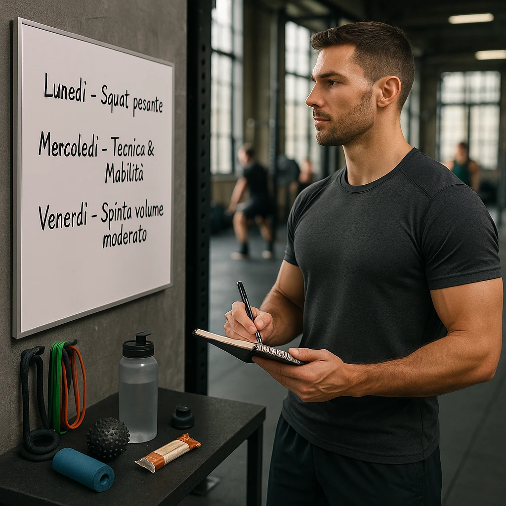 Athletic 30-year-old man in a modern gym, near a whiteboard with a weekly plan in Italian: 'Lunedì – Squat pesante', 'Mercoledì – Tecnica & Mobilità', 'Venerdì – Spinta volume moderato'. He observes the plan calmly, wearing sportswear, holding a pen and notebook. Around him: resistance bands, mobility tools, water bottle, protein bar. Strong and relaxed posture. Other athletes in the background. Natural light, fitness-lifestyle style, slightly cinematic. emoji