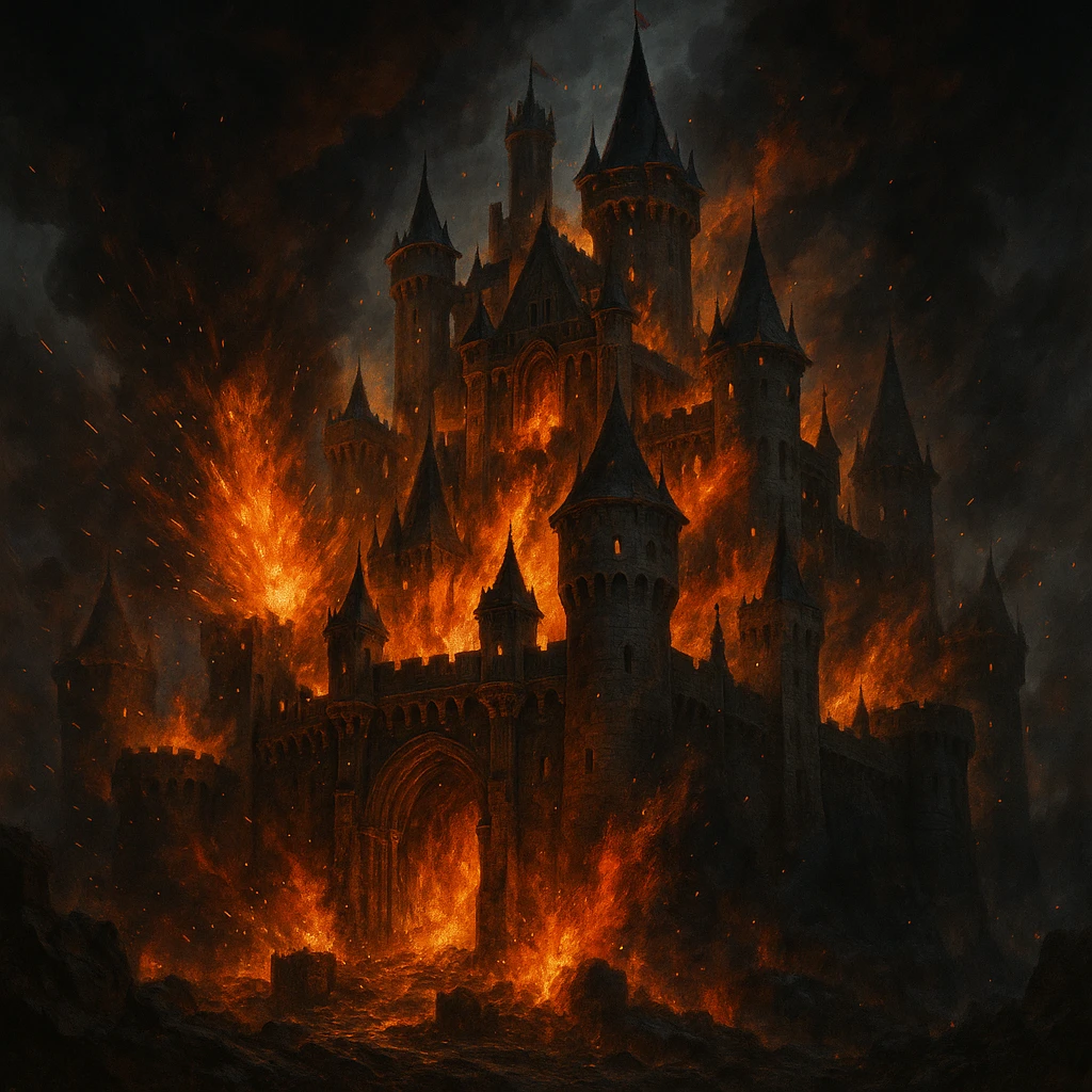 castle burning, fantasy art style, glowing embers emoji