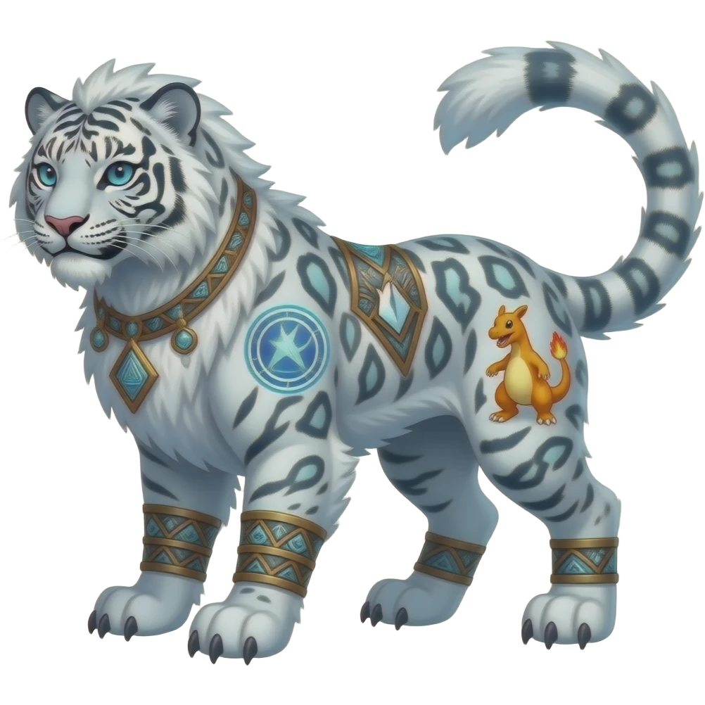 Fantasy tribal-patterned elemental magical mysterious mystical snowy icy furry fuzzy fluffy Shiny futuristic feathery beautiful gorgeous snow-leopard-Sabretooth-tiger-velociraptor-Absol-Charizard-Hybrid emoji