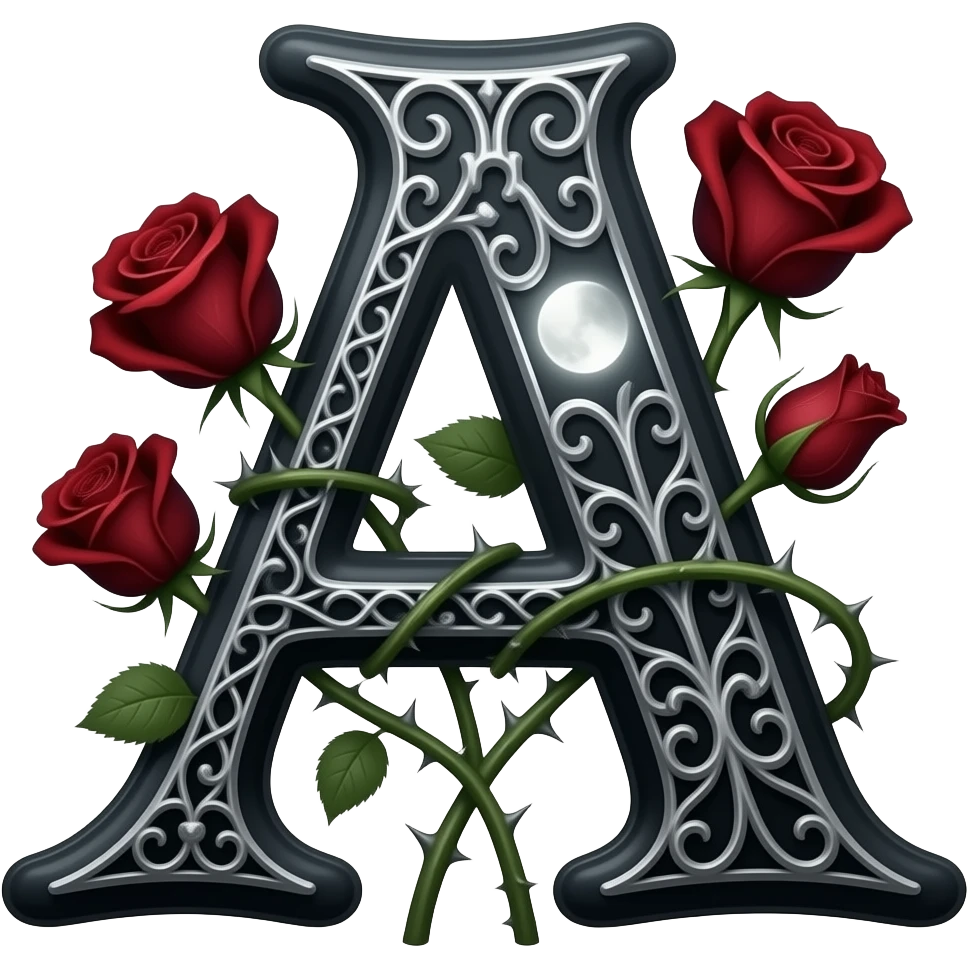 A heavy obsidian letter 'A' with silver filigree engraving. Deep red velvet roses with thorny stems wrap around the letter. Glowing moonlight effect, dark and moody atmosphere, high contrast, cinematic emoji