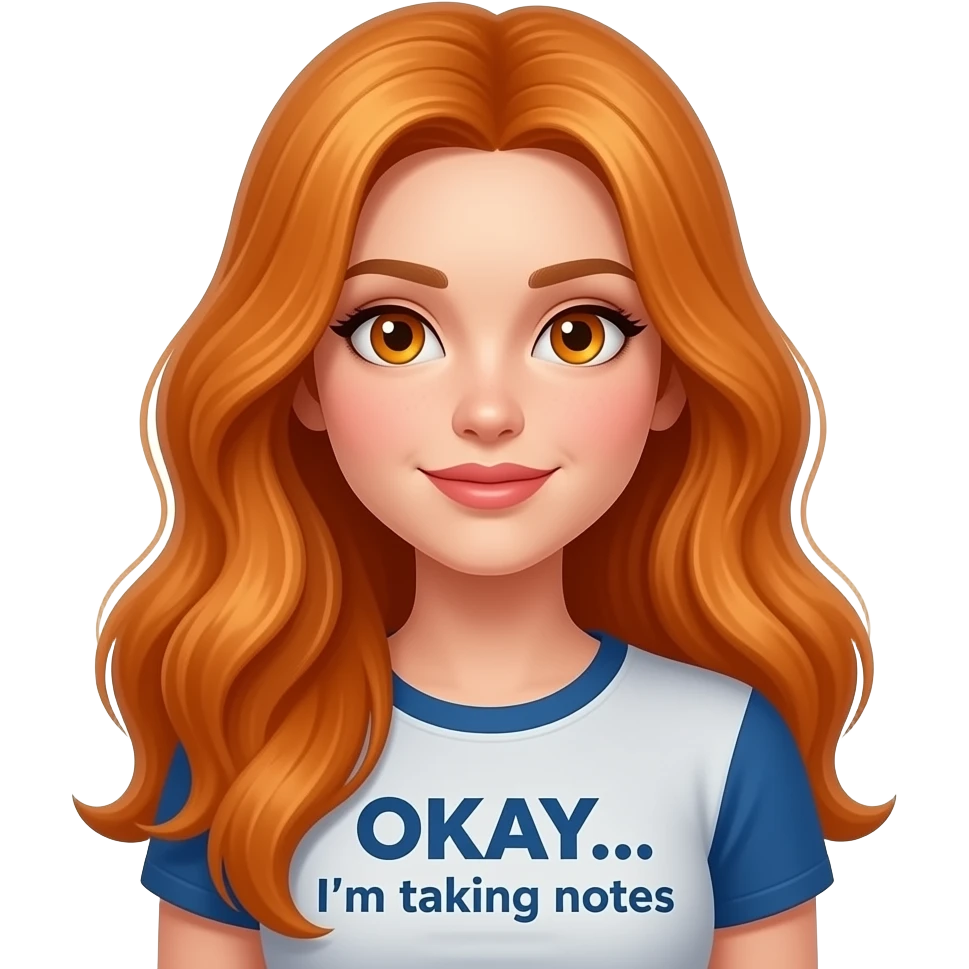 sexy girl with overlong ginger hair and ginger eyes a top with OKAY... I'm taking notes written on it emoji