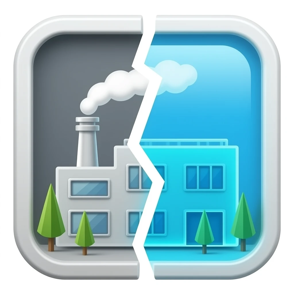 Нарисуй завод, разделенный пополам: одна половина обычная (серая), а вторая — синяя, прозрачная и светящаяся (как голограмма в кино). emoji
