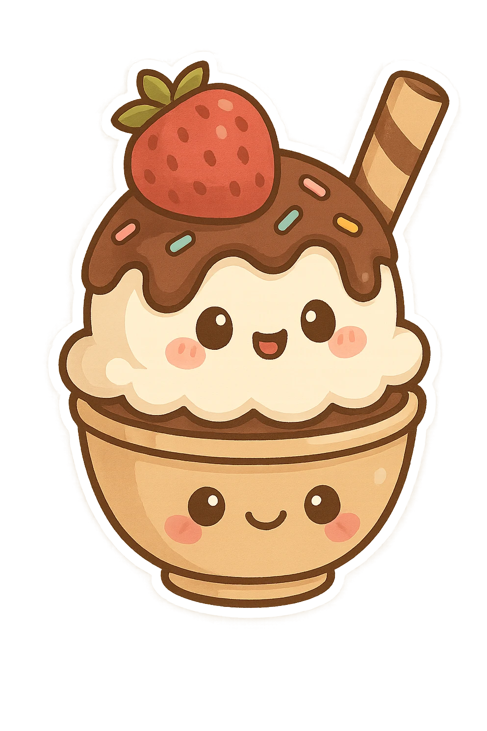chibi sticker-style ice cream sundae, cute and exaggerated emoji