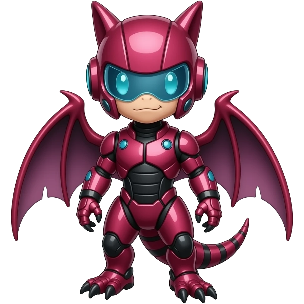 a shiny red Genesect-Flygon-Raptor-Fakémon—hybrid with a futuristic visor-helmet full body emoji