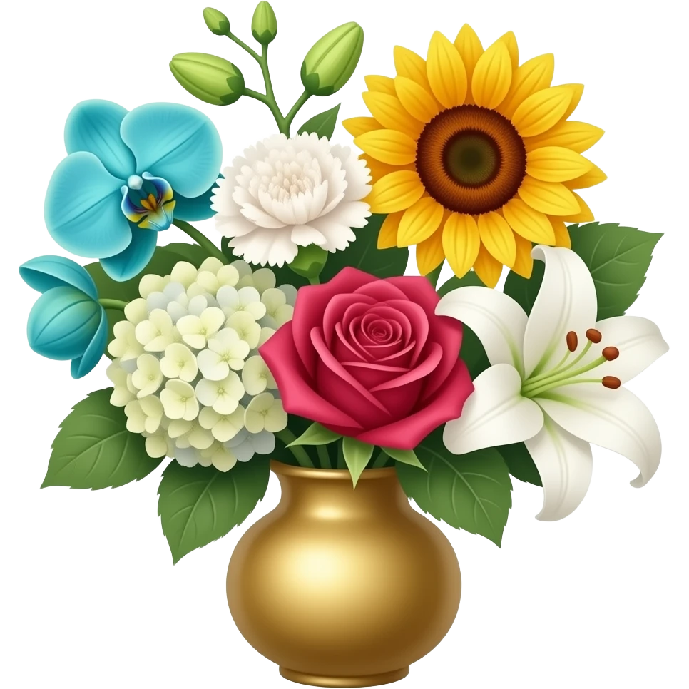 a bunch of flowers in a gold vase with a teal orchid, a white carnation, a hydrangea, a red rose, a sunflower and a lily emoji