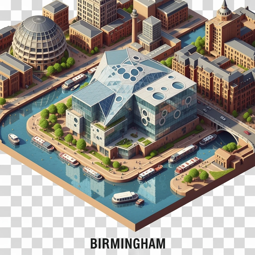Isometric illustration of Birmingham, featuring the Library of Birmingham with its modern architecture and nearby canals, highly detailed in semi-realistic style, balanced between stylized and realistic, 3D miniature effect, transparent background. emoji
