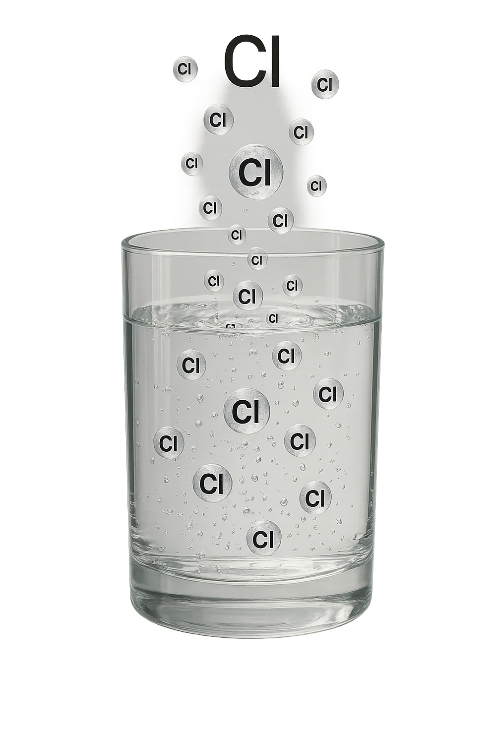 un bicchiere di acqua fluttua in aria realistico e dettagliato, dentro l'acqua del bicchiere ci sono particelle di cloro ben visibili con la scritta "Cl" sopra, ci sono particelle anche che escono dal bicchiere e fluttuano in aria verticalmente, mentre alcune sono all'interno dell'acqua nel bicchiere, iperrealistico 4k emoji